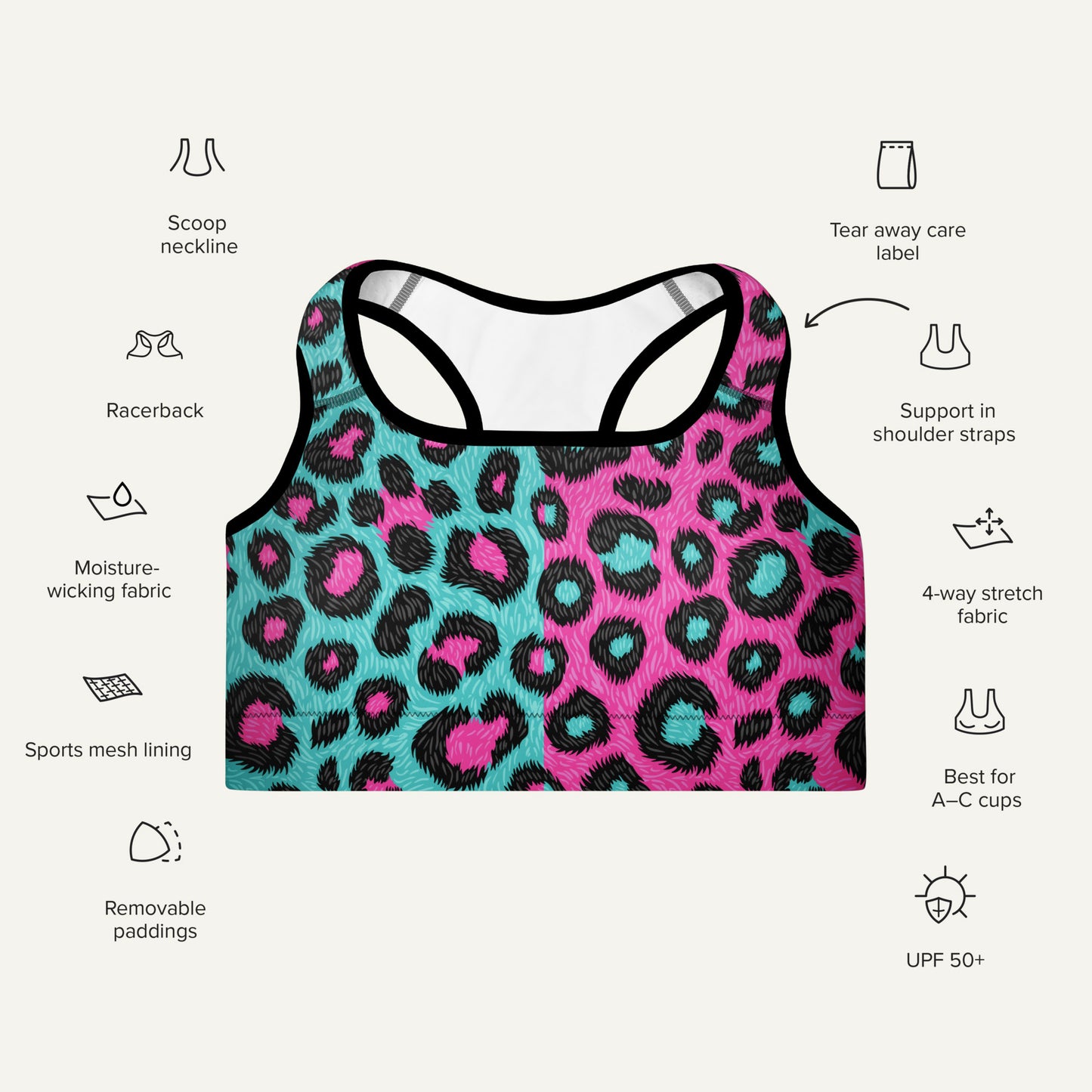 80s Retro Leopard Print Padded Sports Bra
