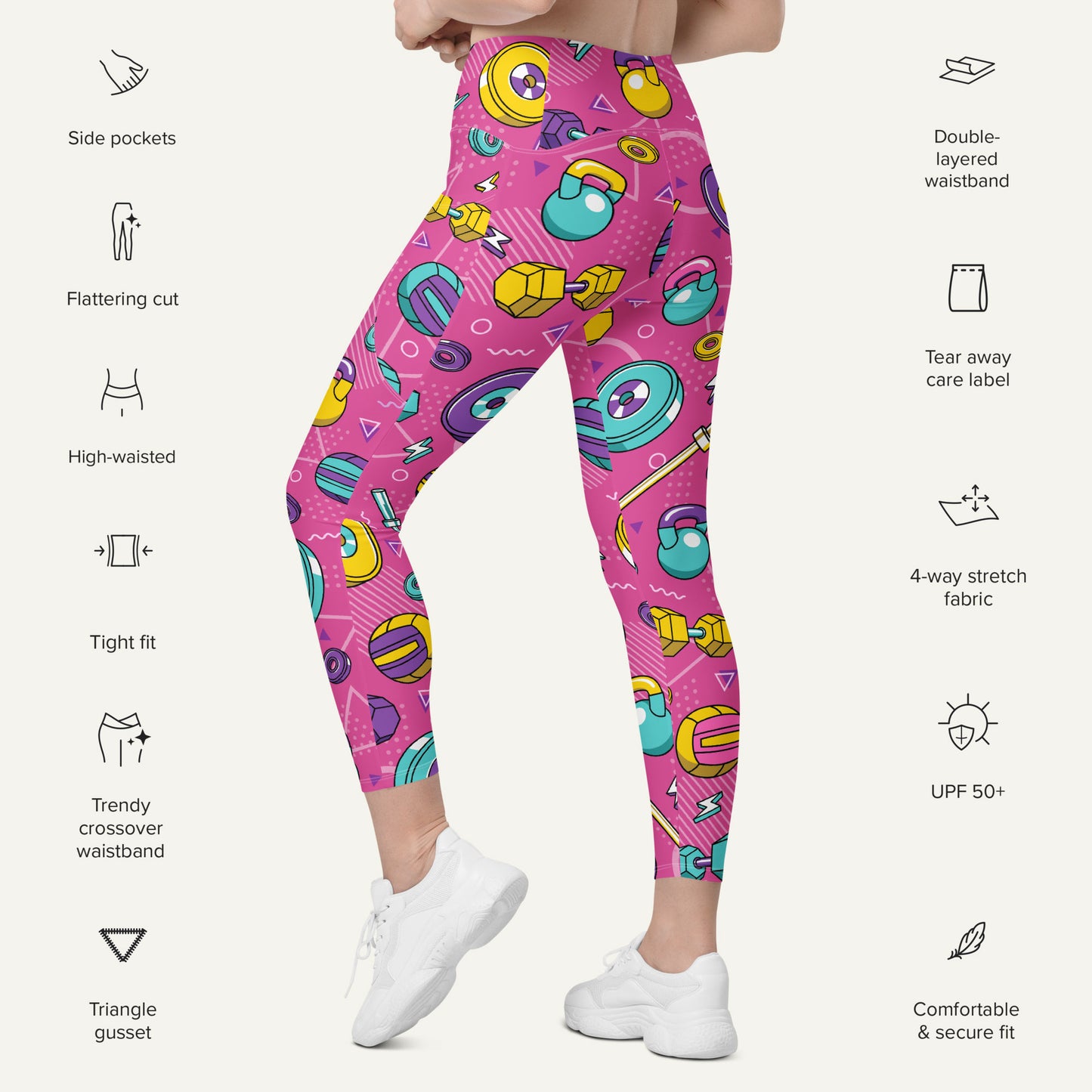 90s Weights Pink Crossover Leggings With Pockets