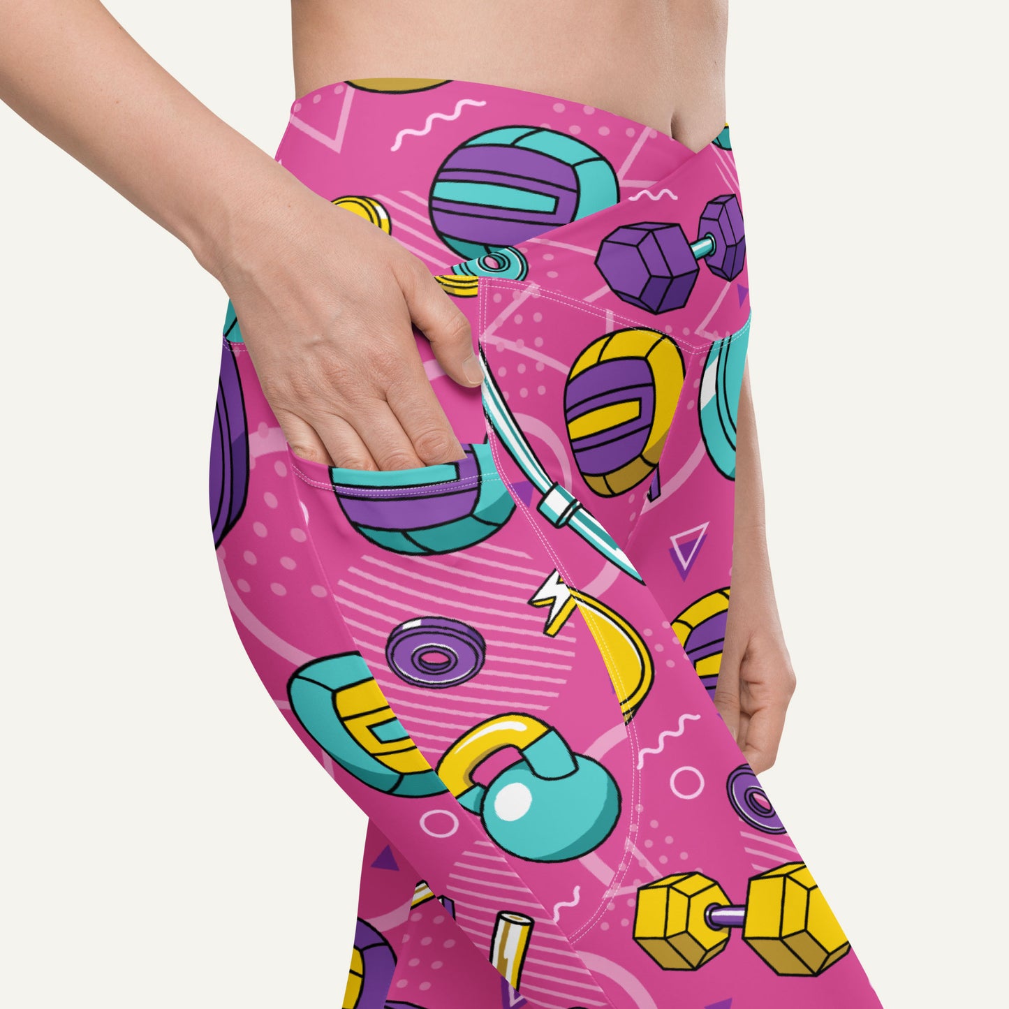 90s Weights Pink Crossover Leggings With Pockets