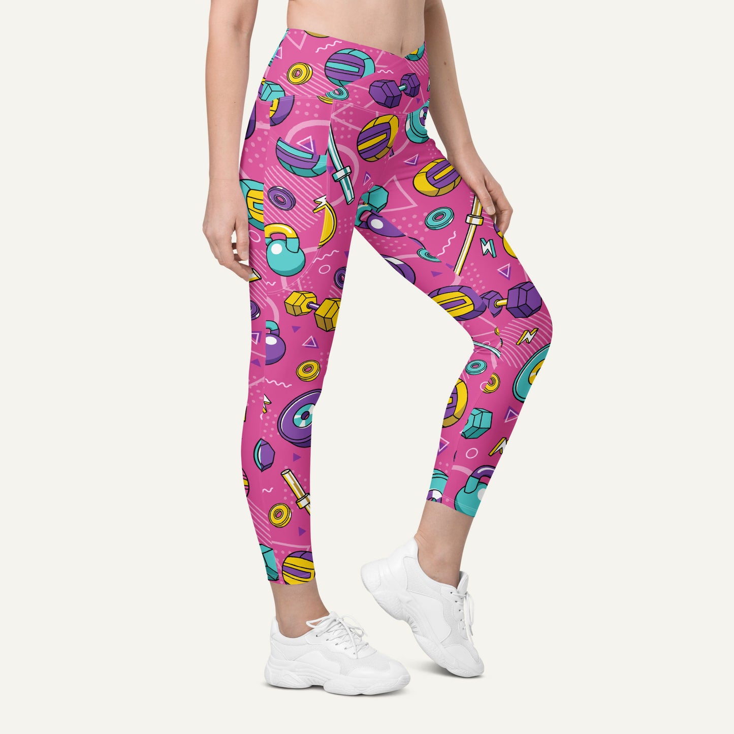 90s Weights Pink Crossover Leggings With Pockets