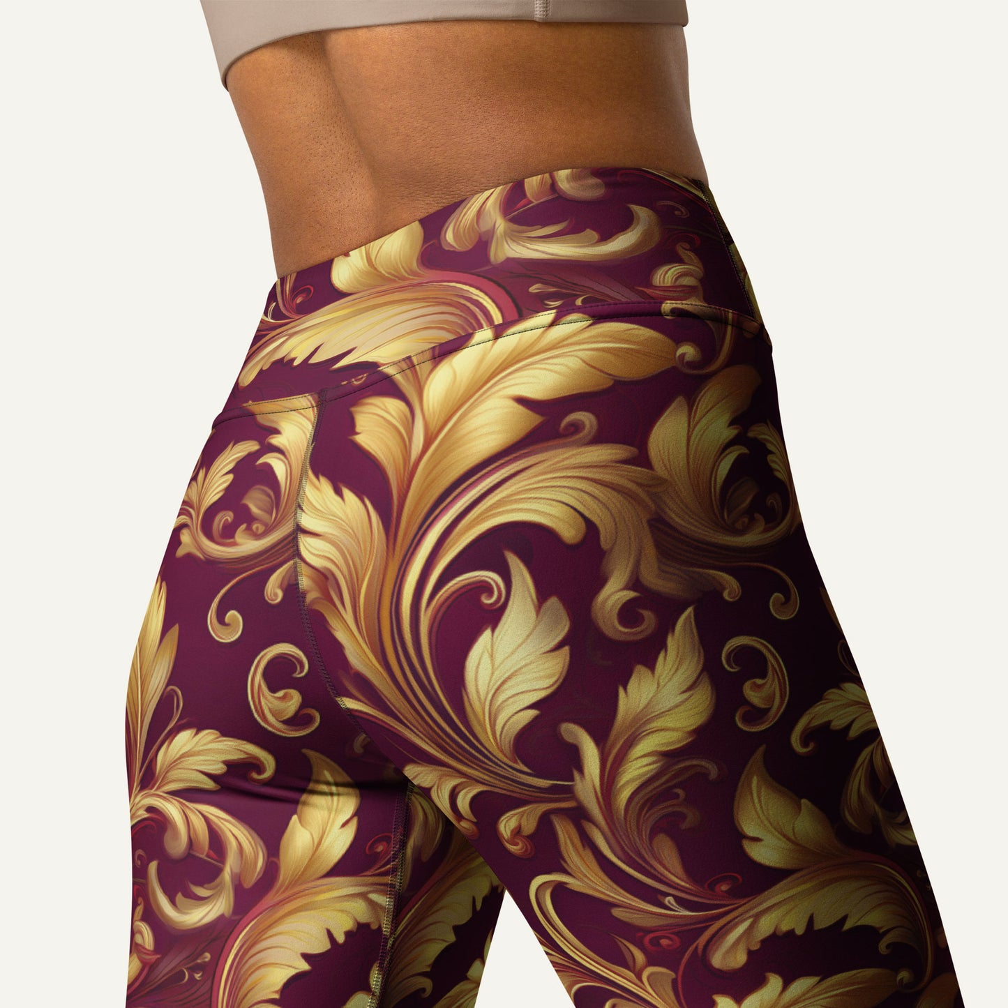 Baroque Flourish Burgundy High-Waisted Leggings