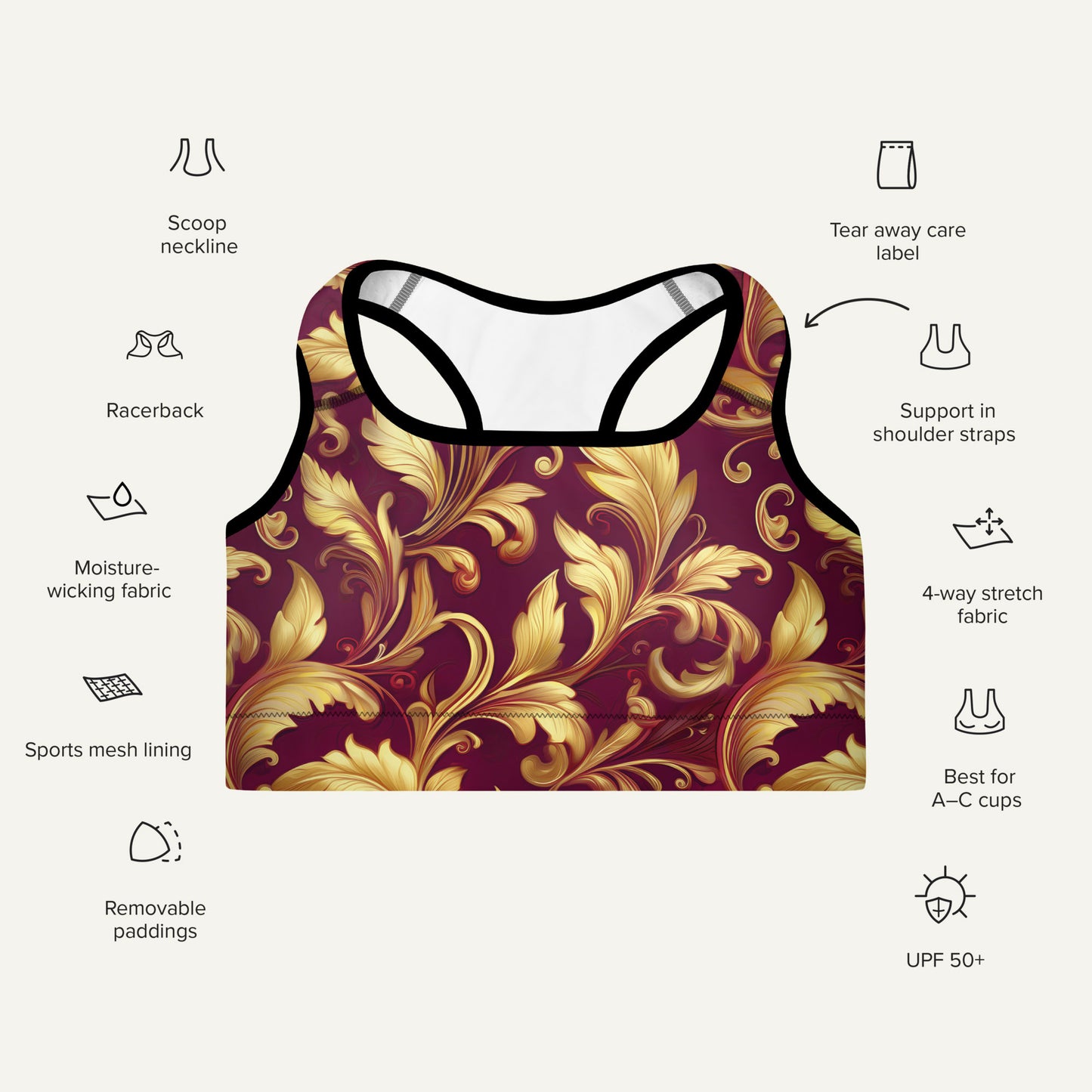 Baroque Flourish Burgundy Padded Sports Bra