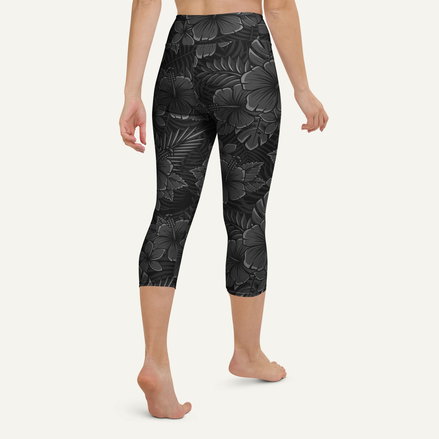Black Tropical Florals High-Waisted Capri Leggings