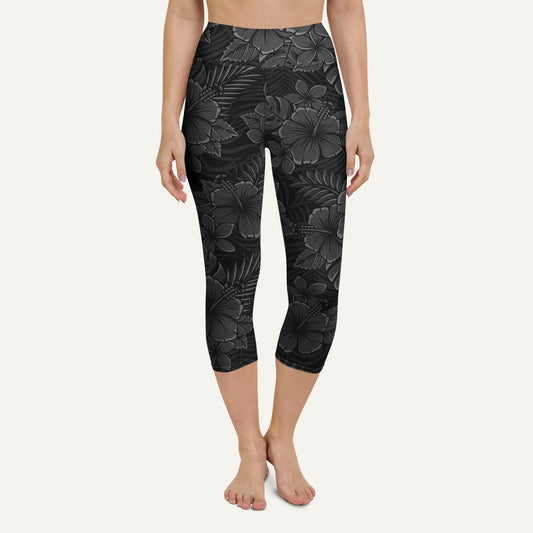Black Tropical Florals High-Waisted Capri Leggings