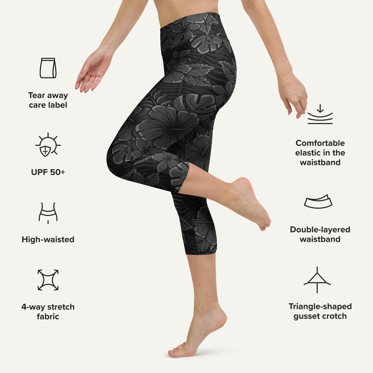 Black Tropical Florals High-Waisted Capri Leggings