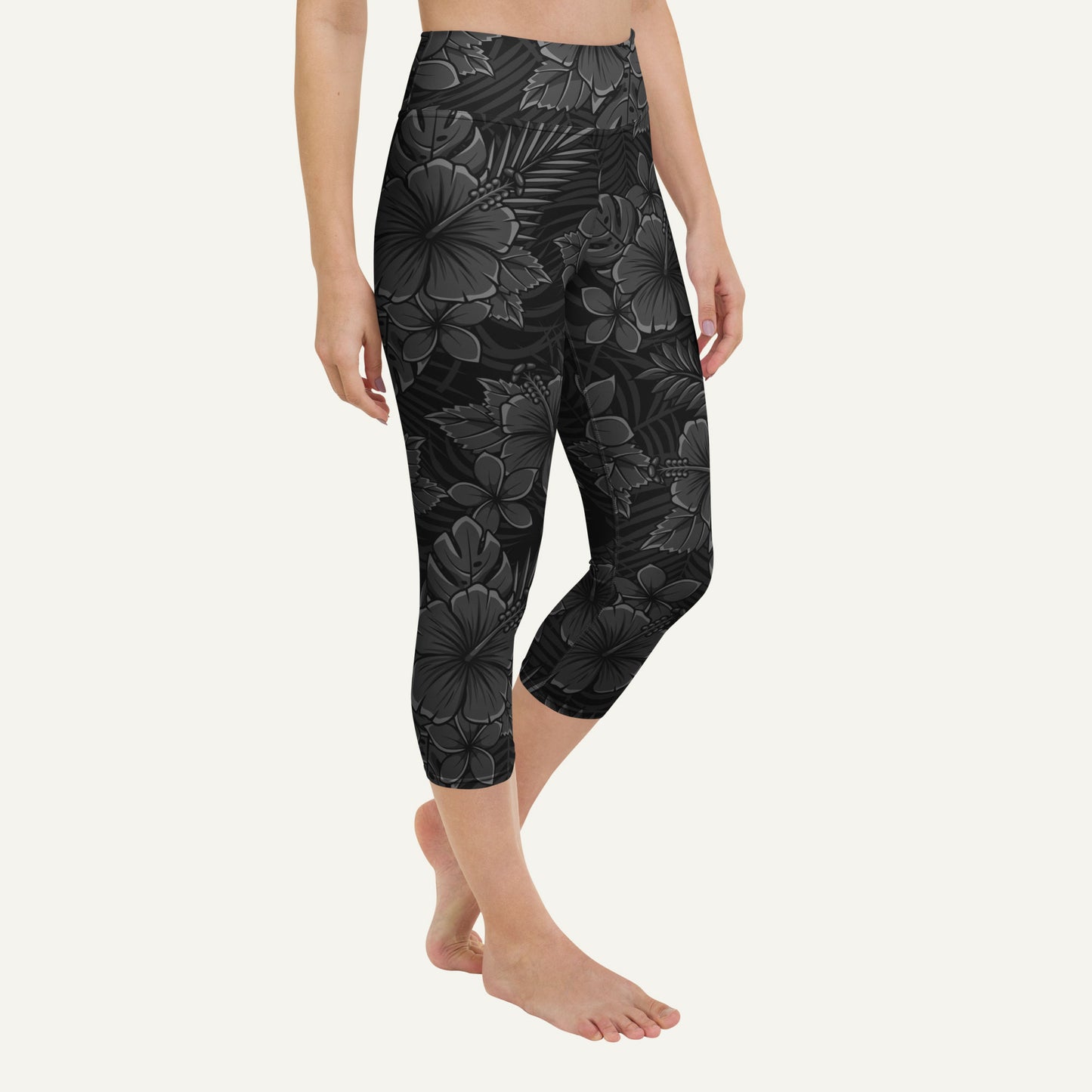 Black Tropical Florals High-Waisted Capri Leggings