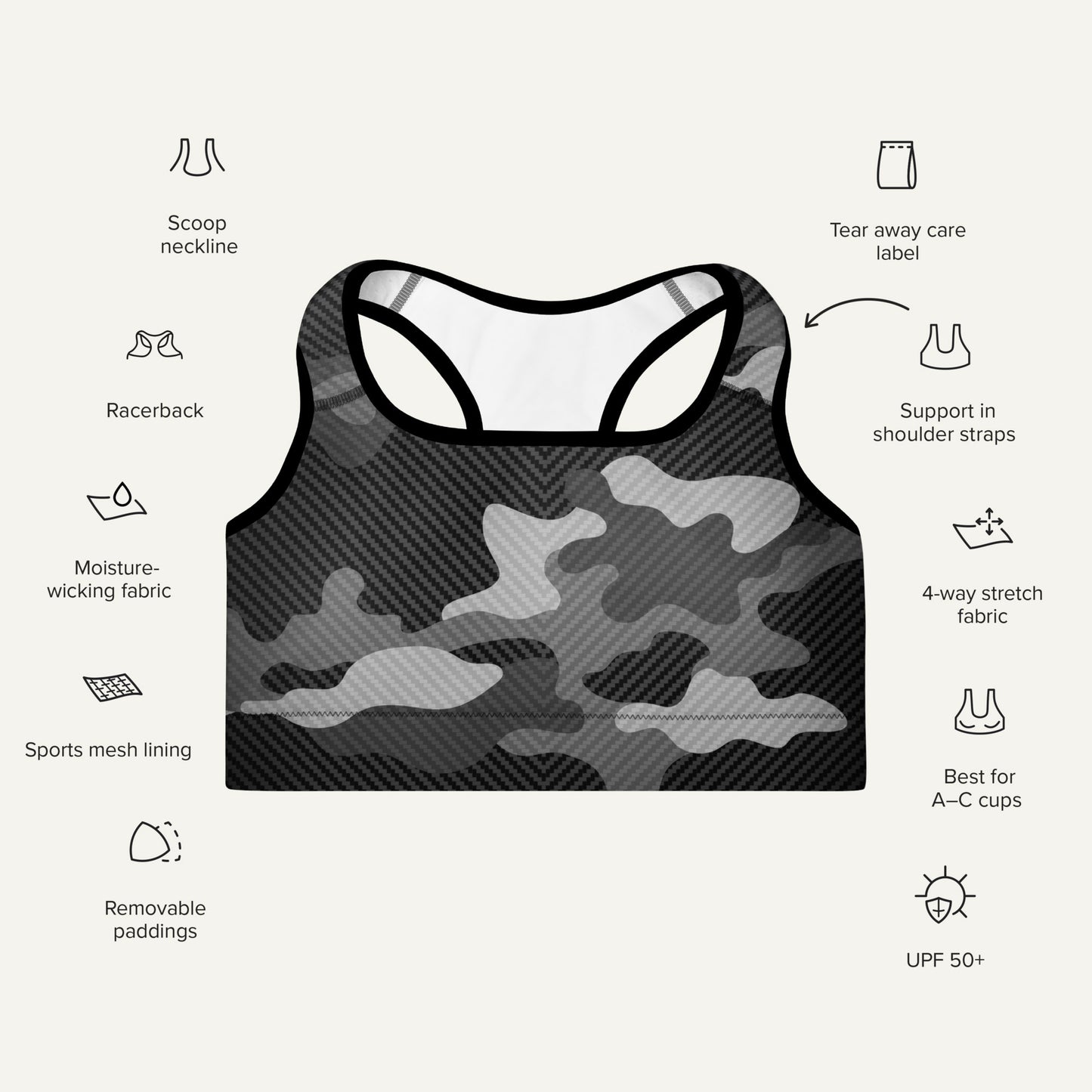 Urban Carbon Fiber Camo Padded Sports Bra