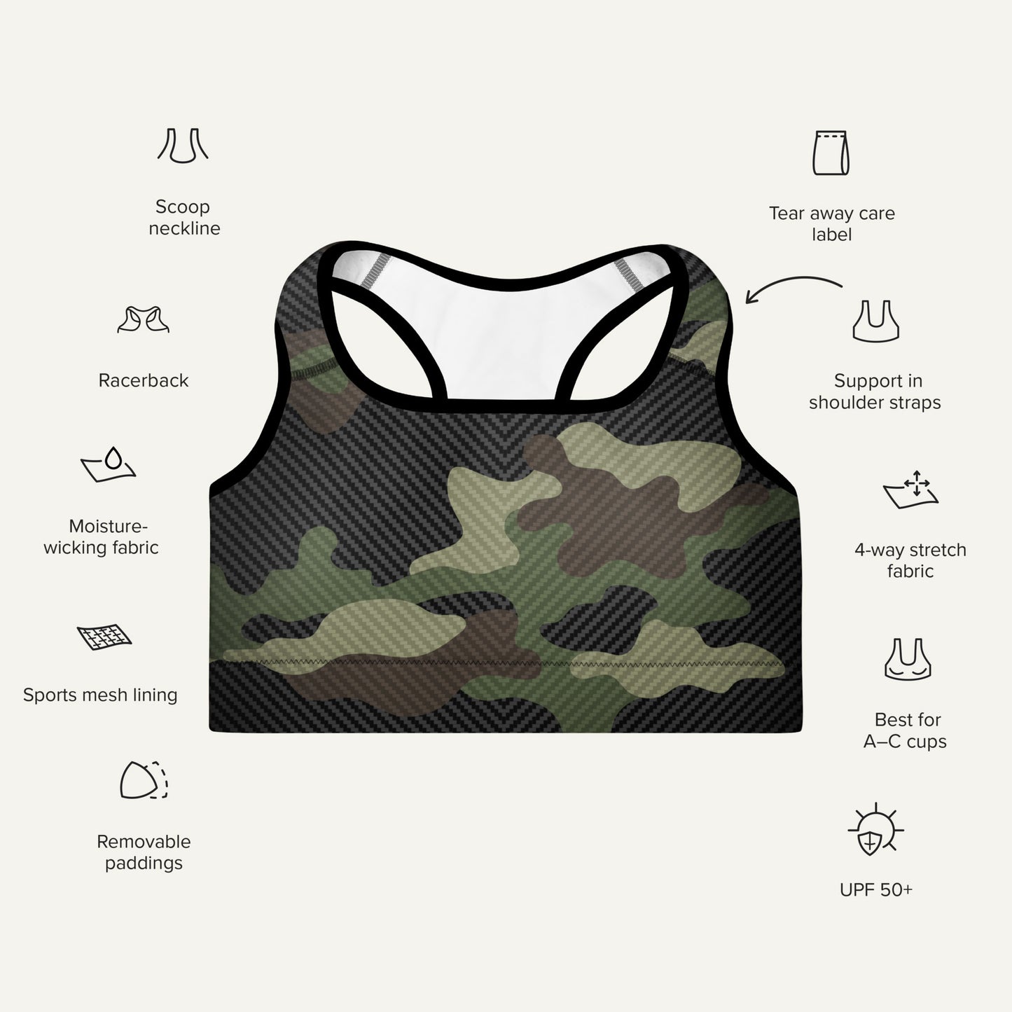 Woodland Carbon Fiber Camo Padded Sports Bra