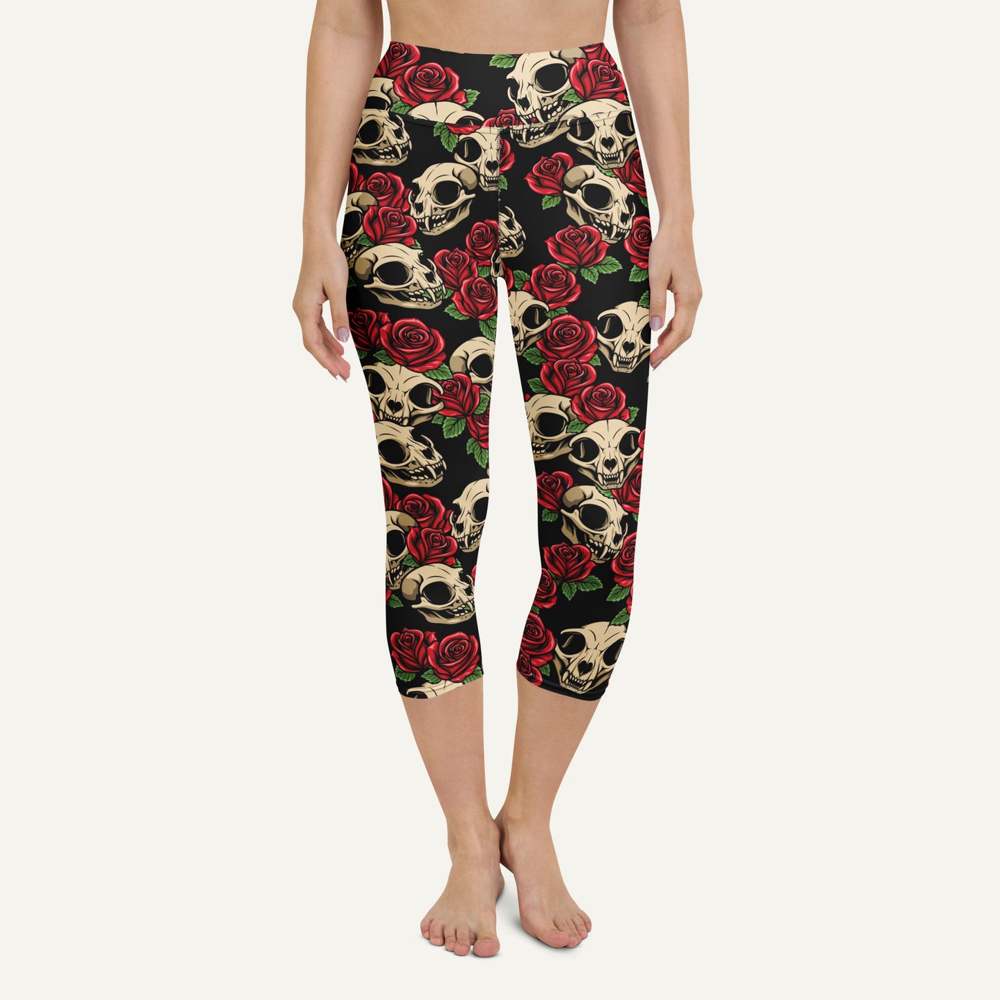 Cat Skulls And Roses High-Waisted Capri Leggings