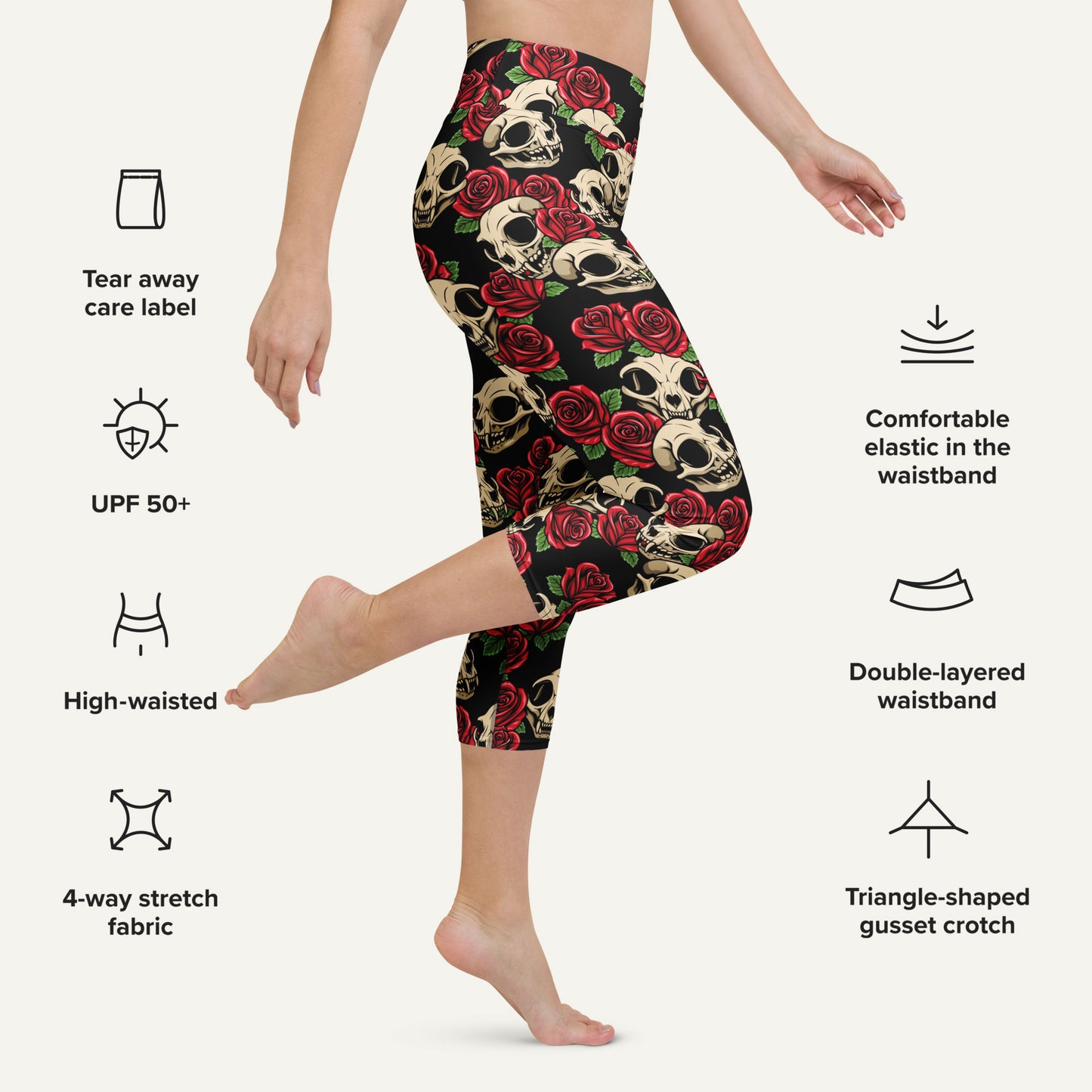 Cat Skulls And Roses High-Waisted Capri Leggings