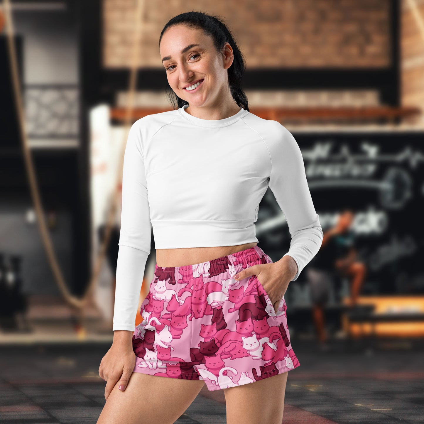 Pink Camo Cat Women's Athletic Shorts