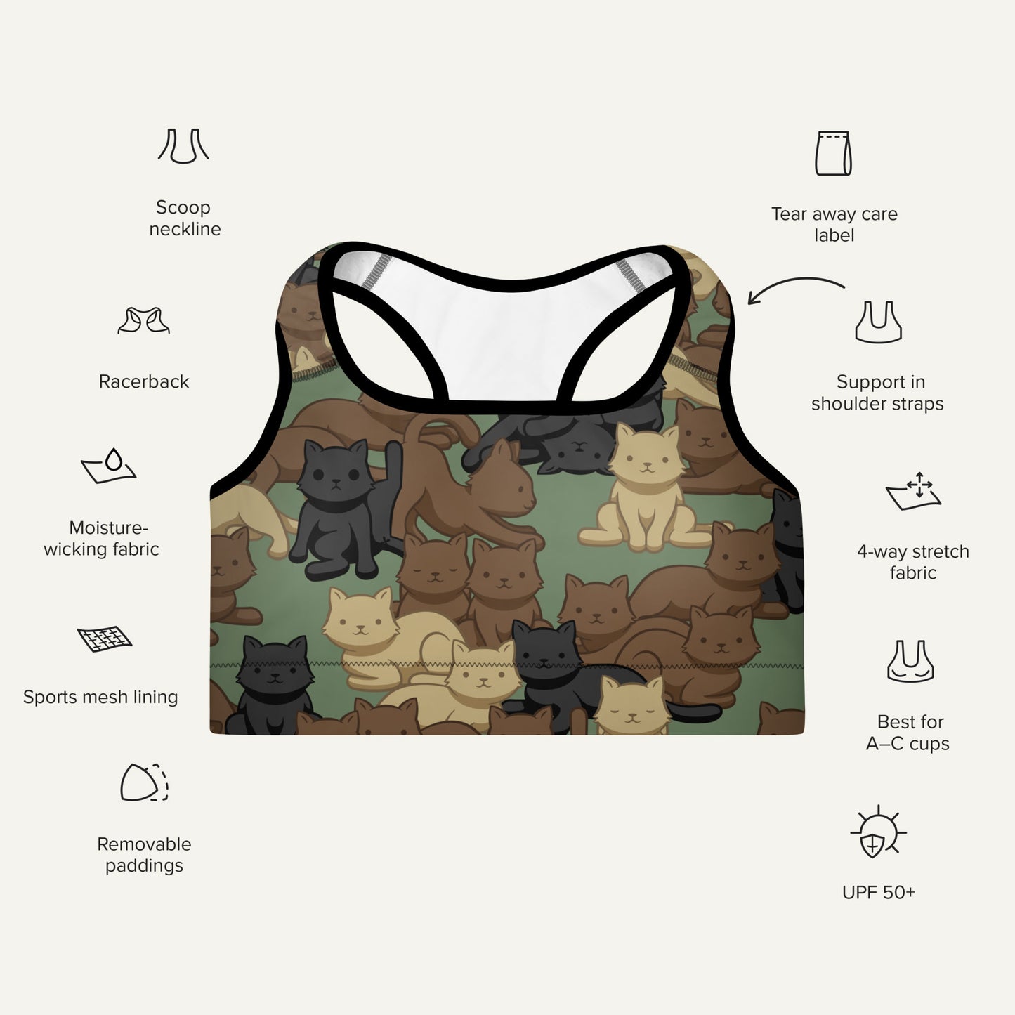 Cats Camouflage Woodland Padded Sports Bra