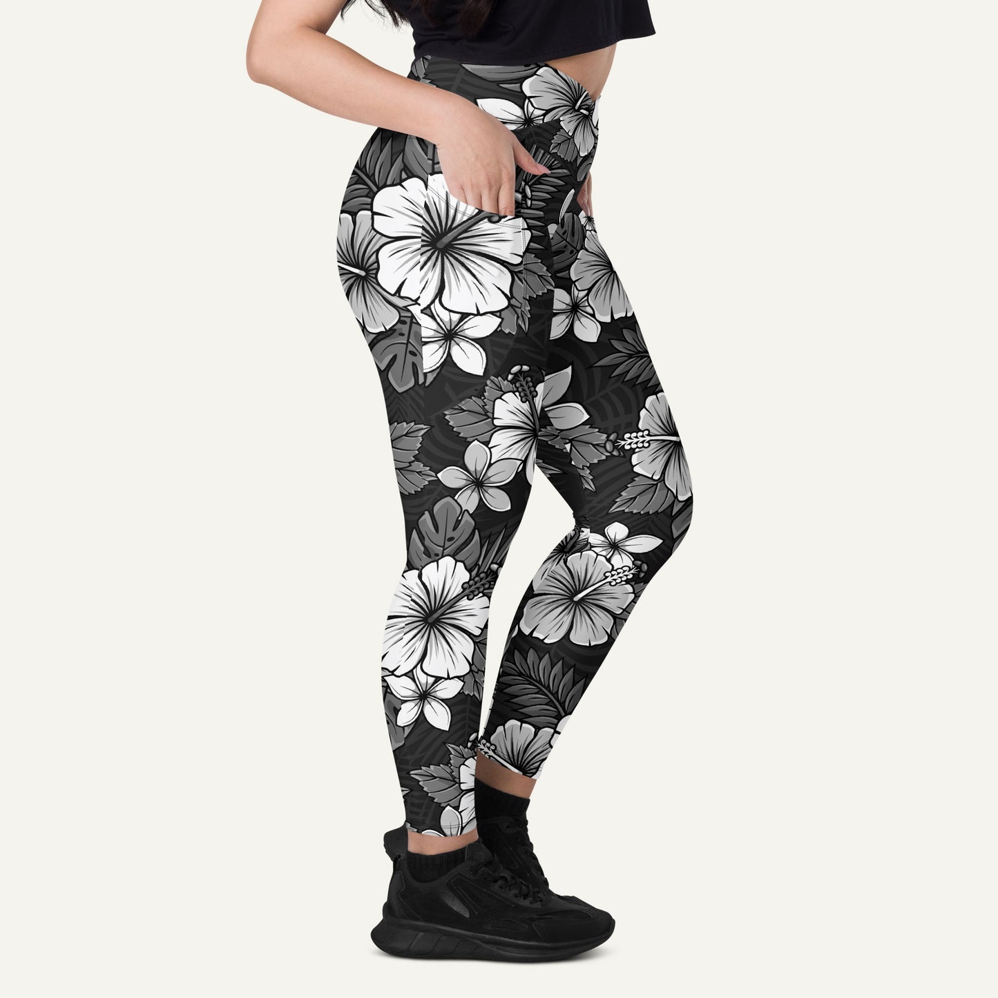 Charcoal Tropical Florals Crossover Pocket Leggings - Ministry of Sweat