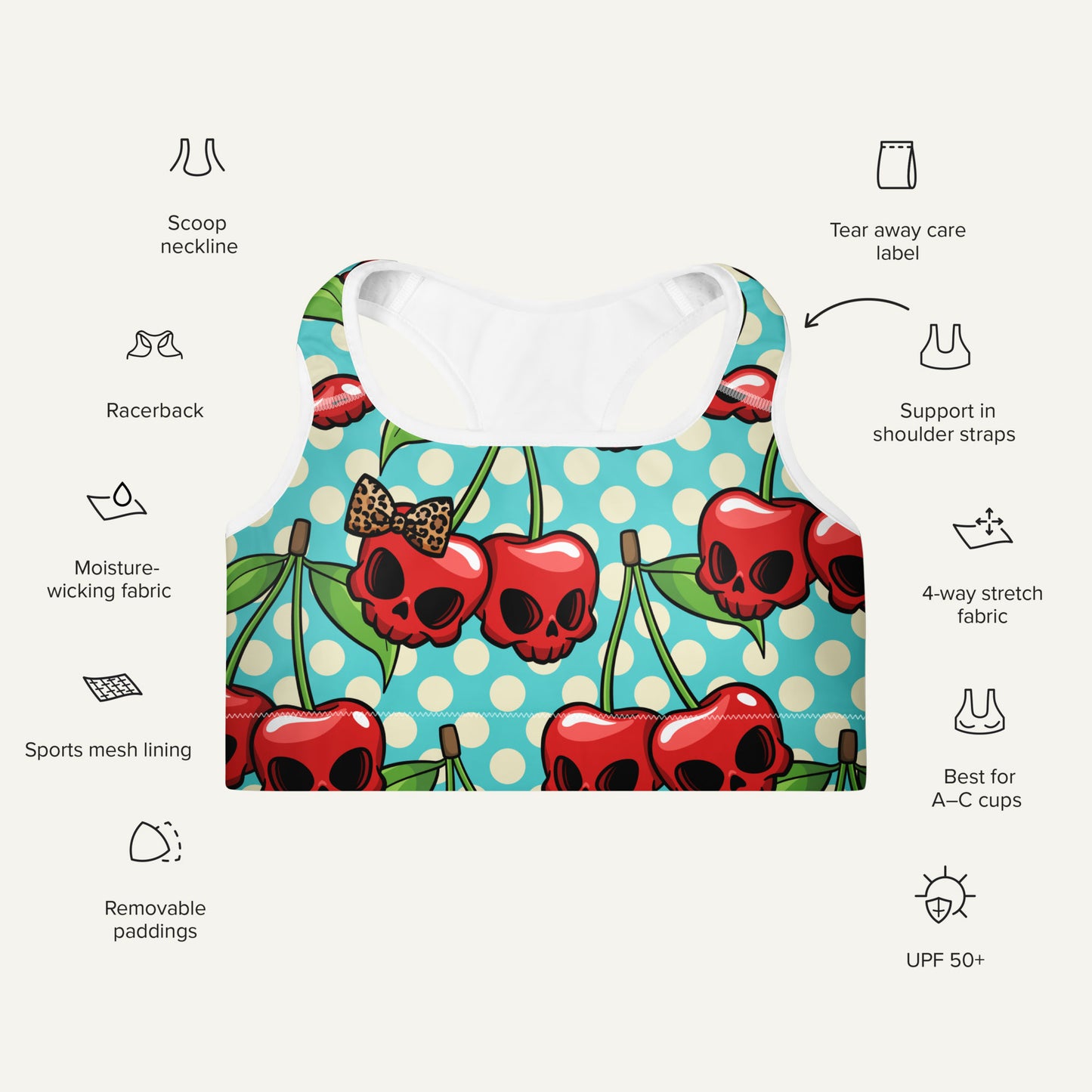 Cherry Skulls Padded Sports Bra