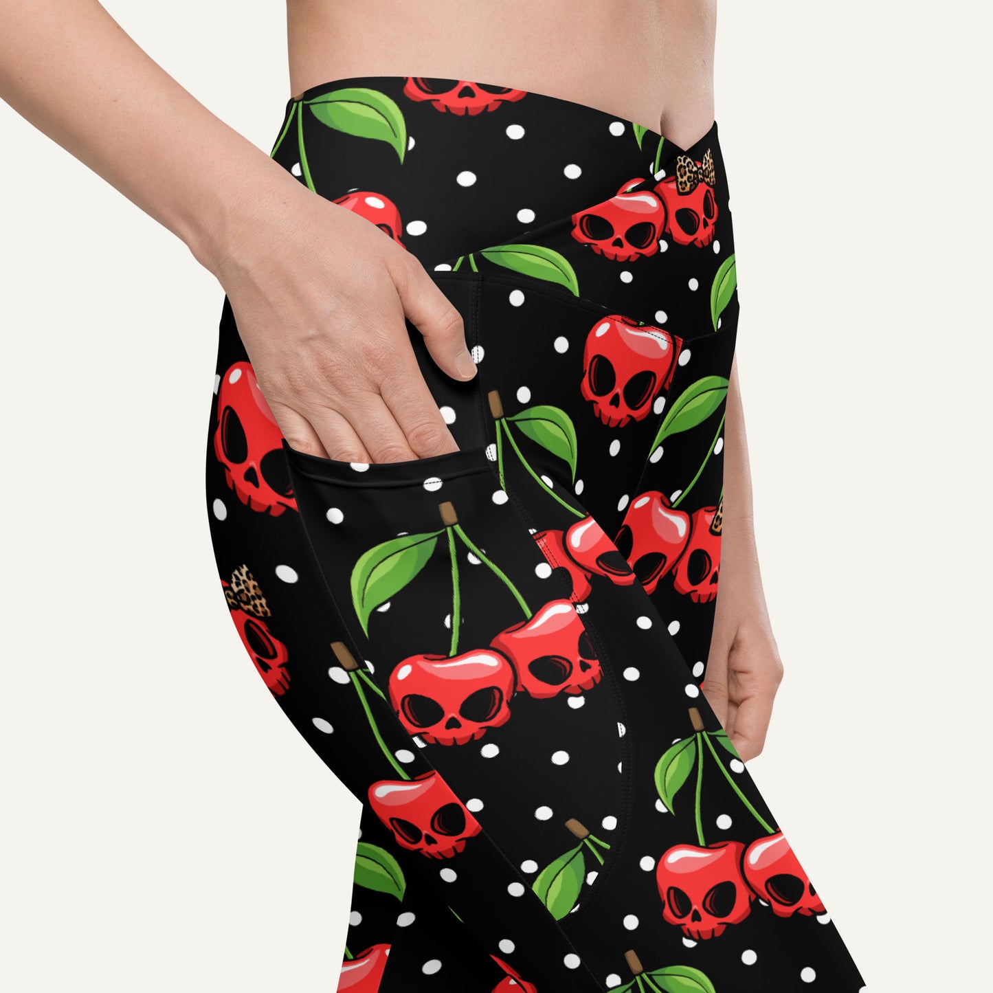 Cherry Skulls Crossover Pocket Leggings