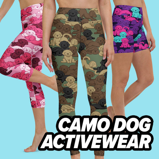 Women wearing camo dog print leggings and shorts in pink, army green, and neon colorways – dog-themed activewear collection