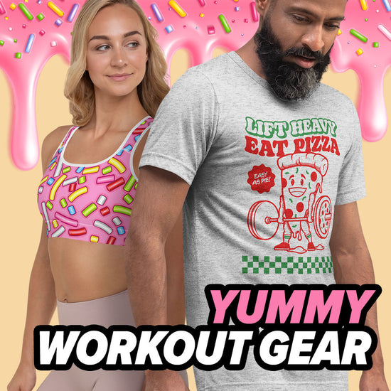 Funny food-themed workout clothes for men and women including pizza gym shirt and donut sprinkle sports bra