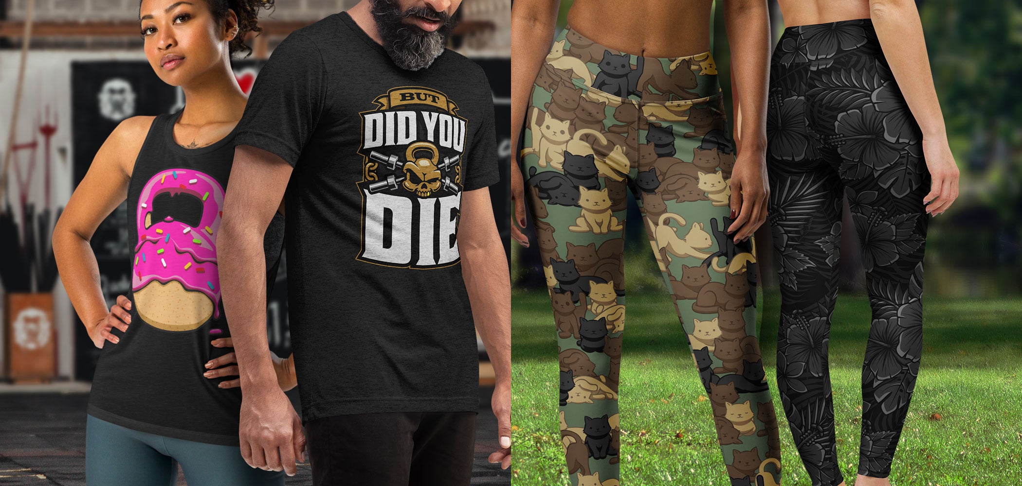 Funny workout shirts and bold printed leggings – donut kettlebell tank top, 'But Did You Die' gym shirt, camouflage cat leggings, and black floral leggings