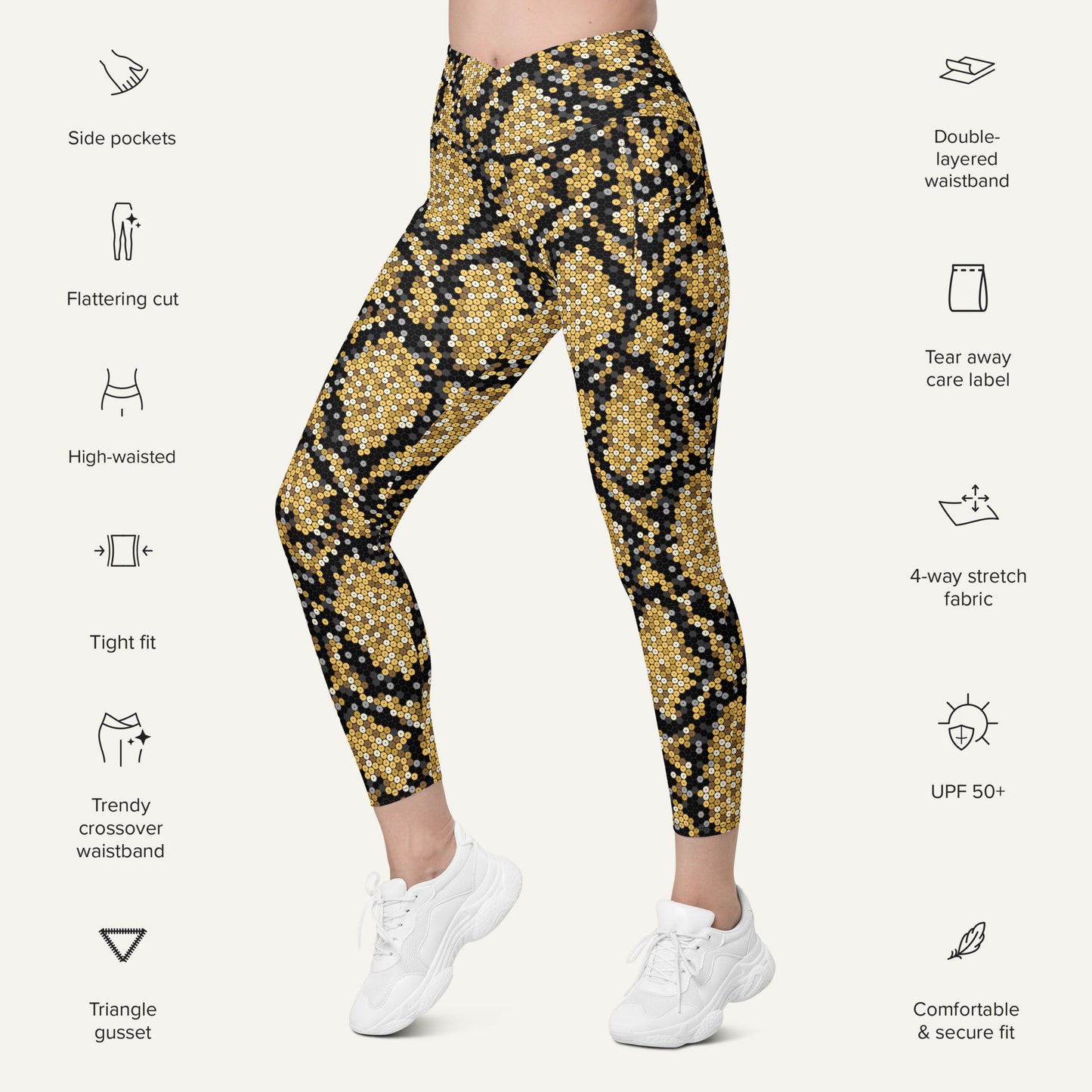 Gold Sequin Snakeskin Crossover Pocket Leggings