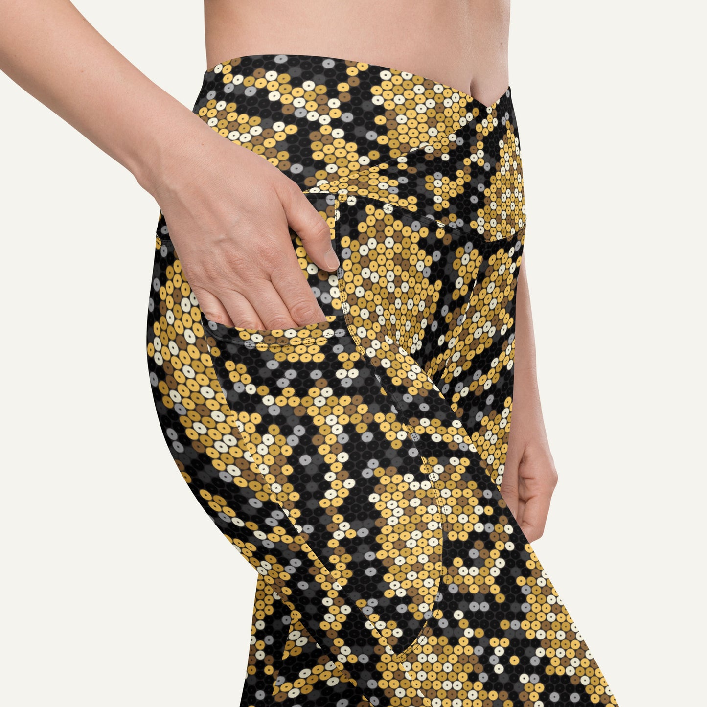 Gold Sequin Snakeskin Crossover Pocket Leggings