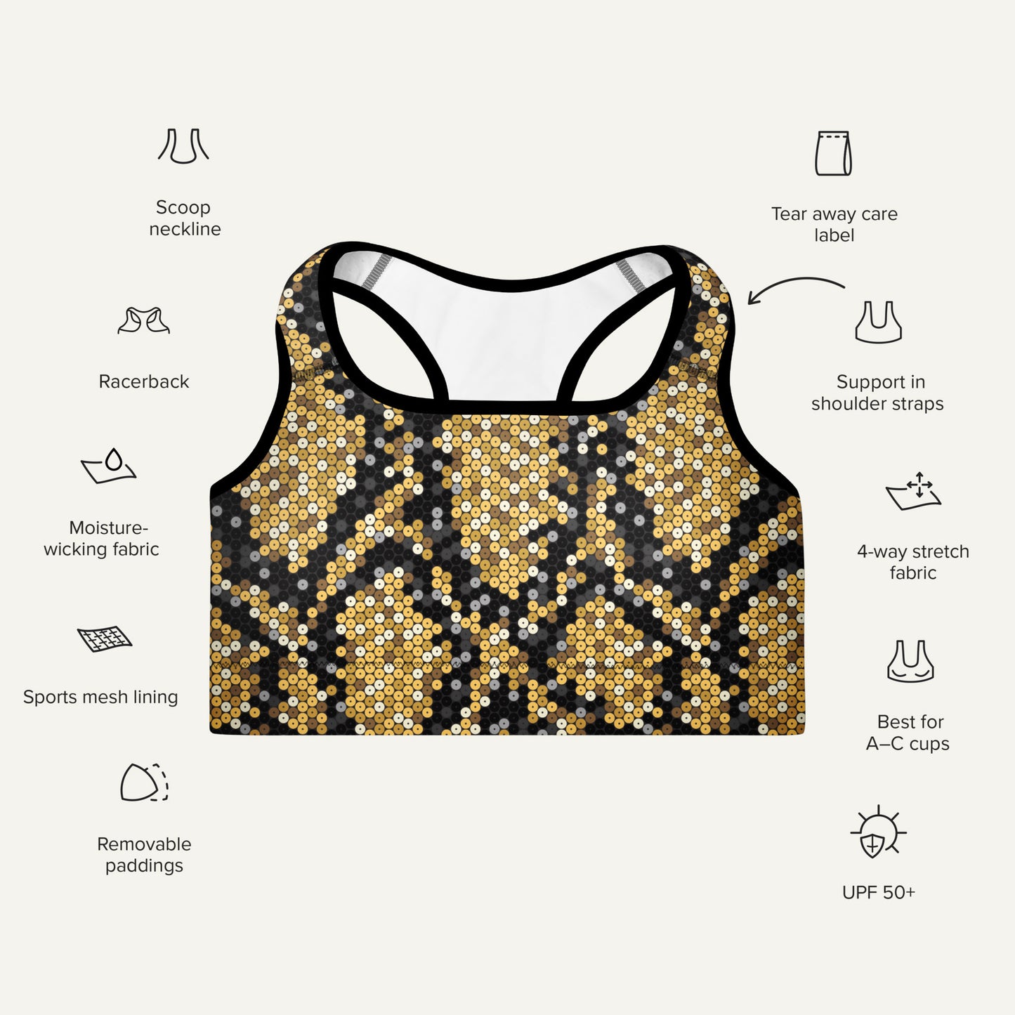 Gold Sequin Snakeskin Padded Sports Bra