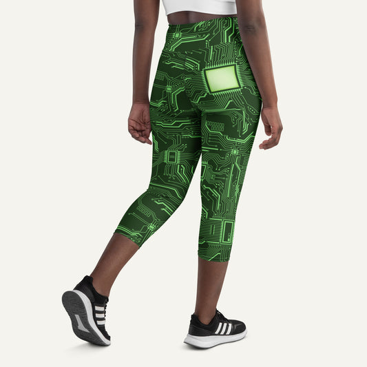 Green Circuit Board High-Waisted Capri Leggings