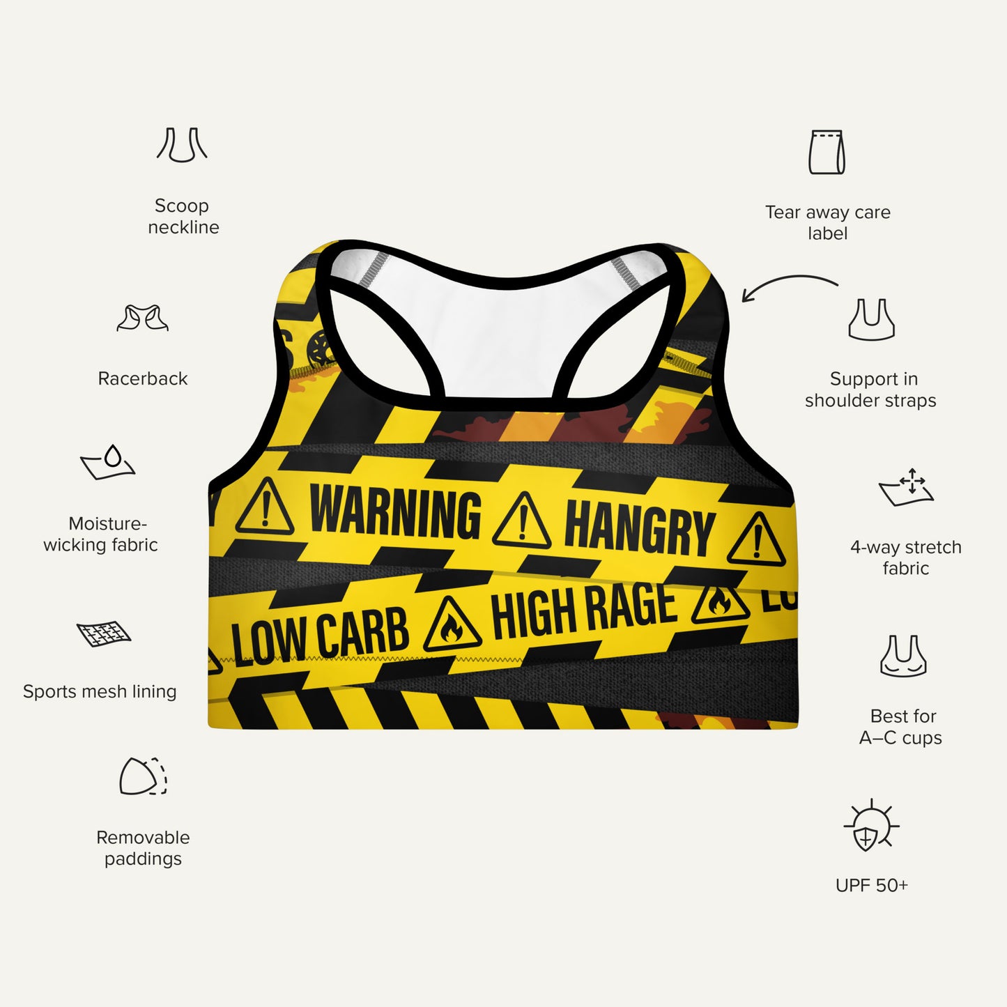 Hangry Warning Tape Padded Sports Bra