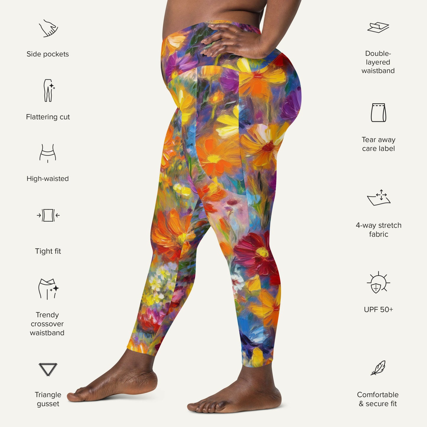 Impressionist Flowers Crossover Leggings With Pockets