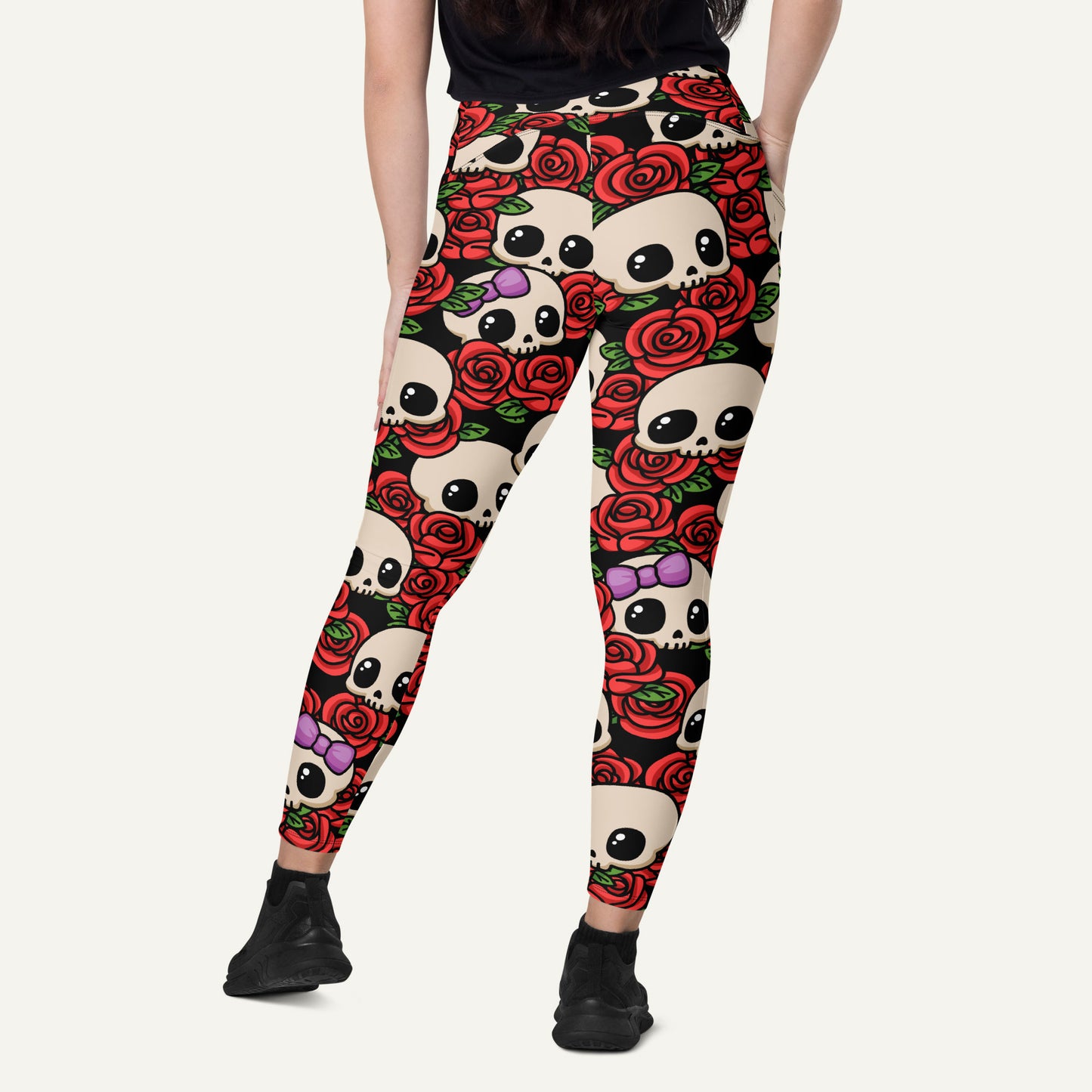 Kawaii Skulls And Roses Crossover Leggings With Pockets