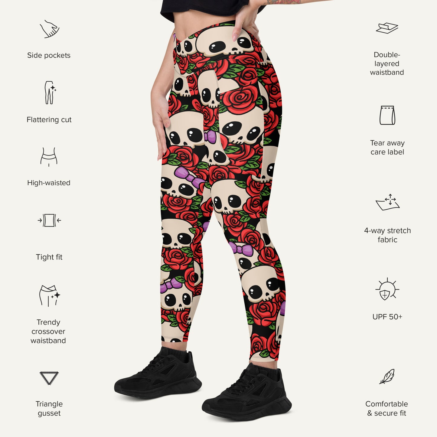 Kawaii Skulls And Roses Crossover Leggings With Pockets