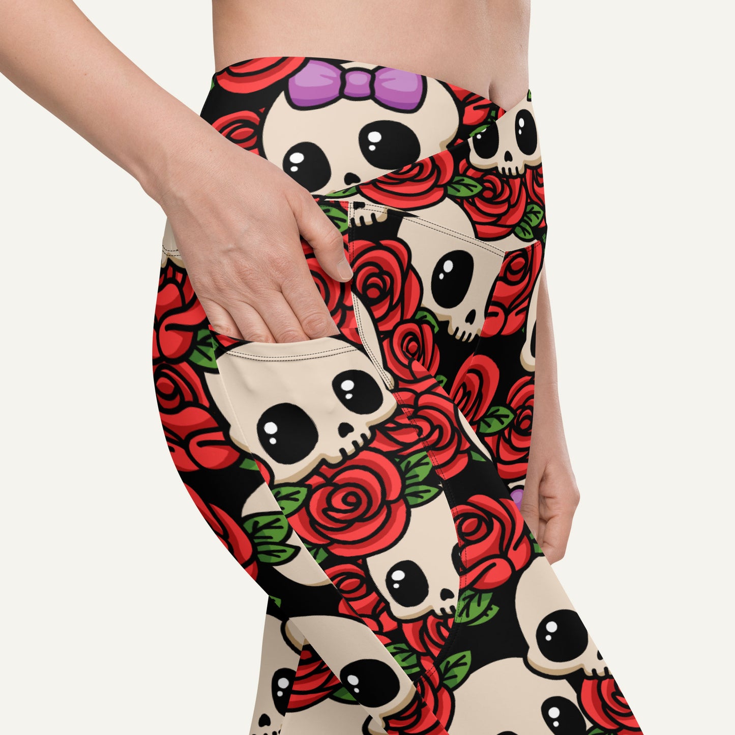 Kawaii Skulls And Roses Crossover Leggings With Pockets