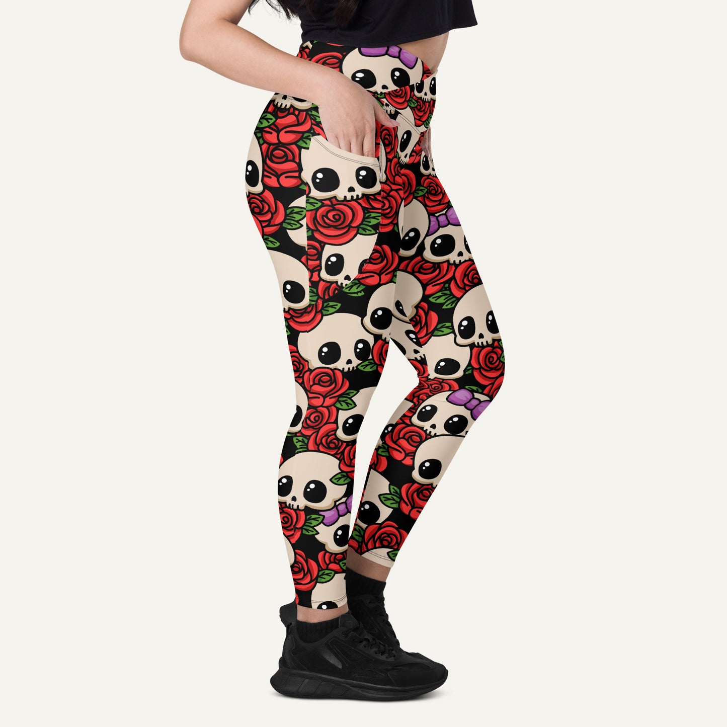 Kawaii Skulls And Roses Crossover Leggings With Pockets