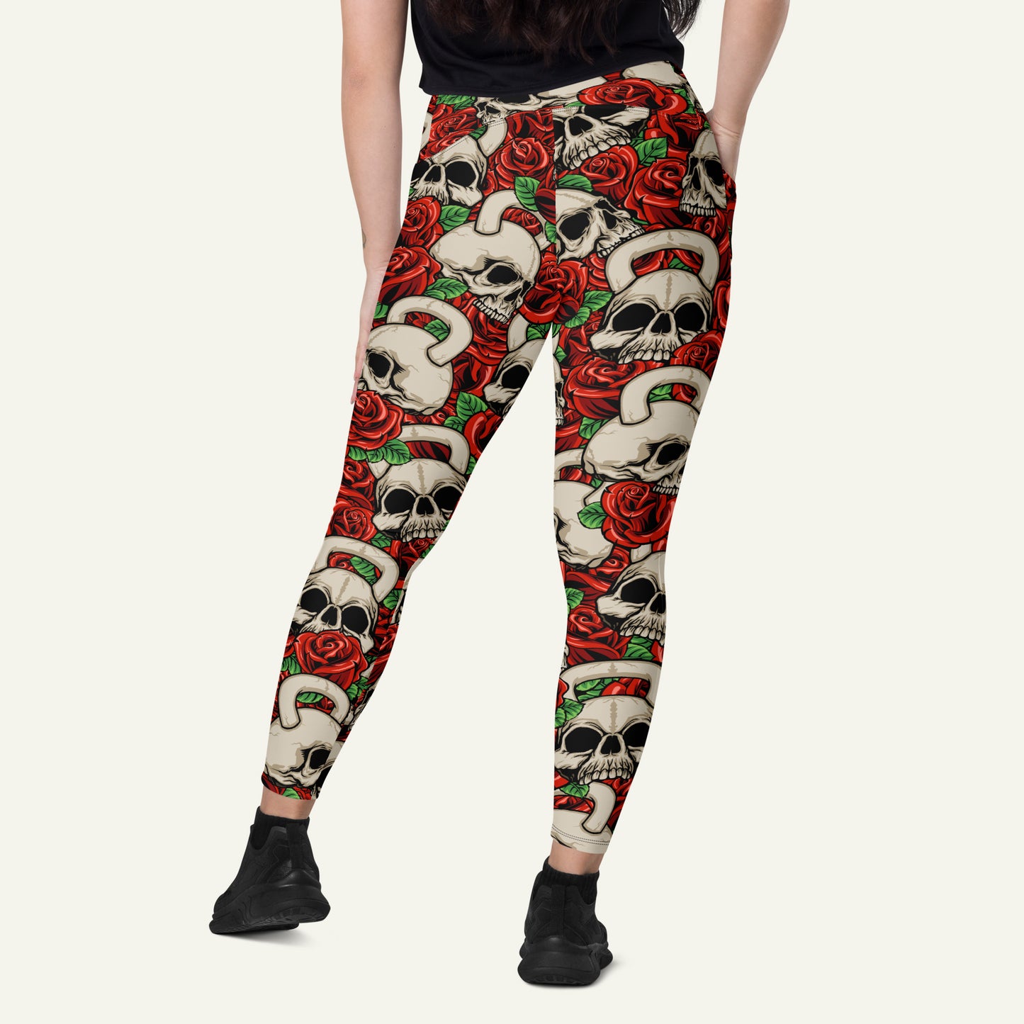 Kettlebell Skull And Roses Crossover Leggings With Pockets