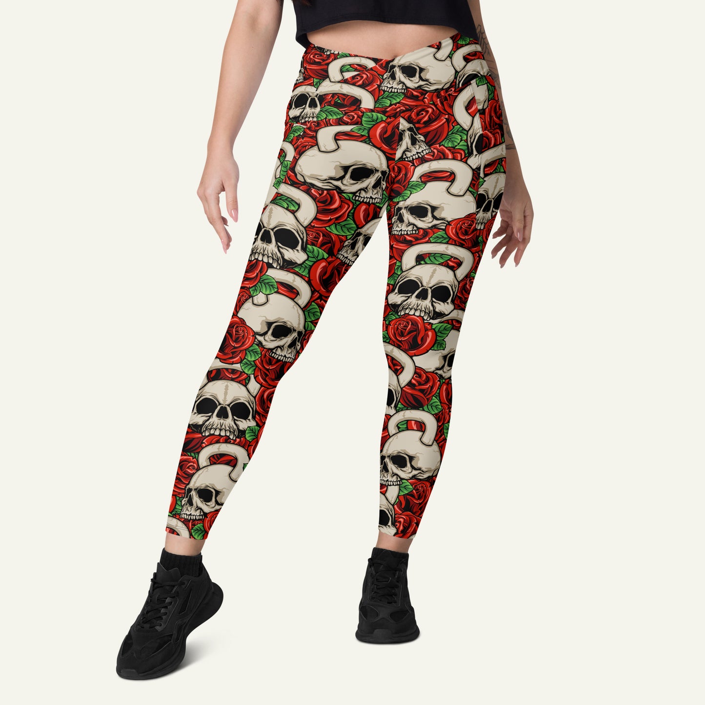 Kettlebell Skull And Roses Crossover Pocket Leggings