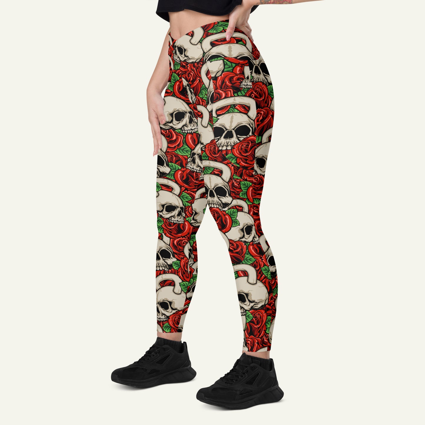 Kettlebell Skull And Roses Crossover Leggings With Pockets