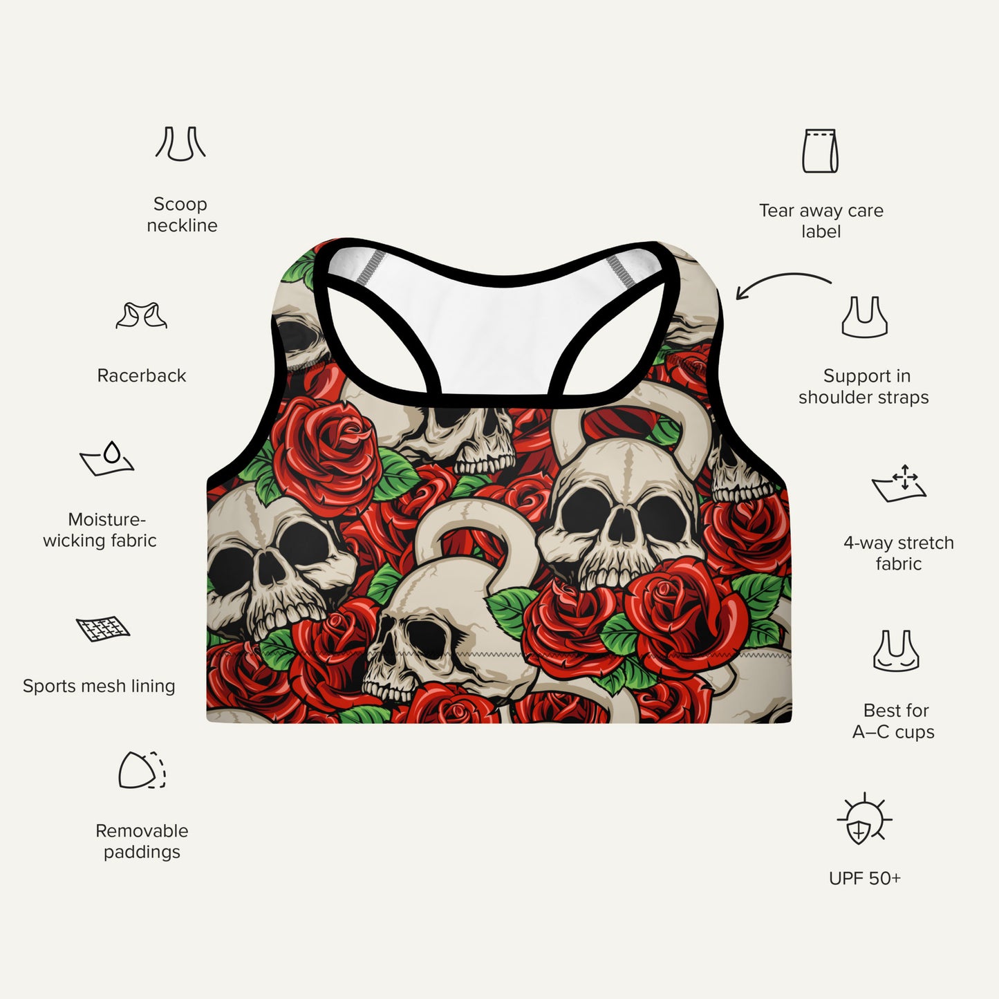 Kettlebell Skull And Roses Padded Sports Bra