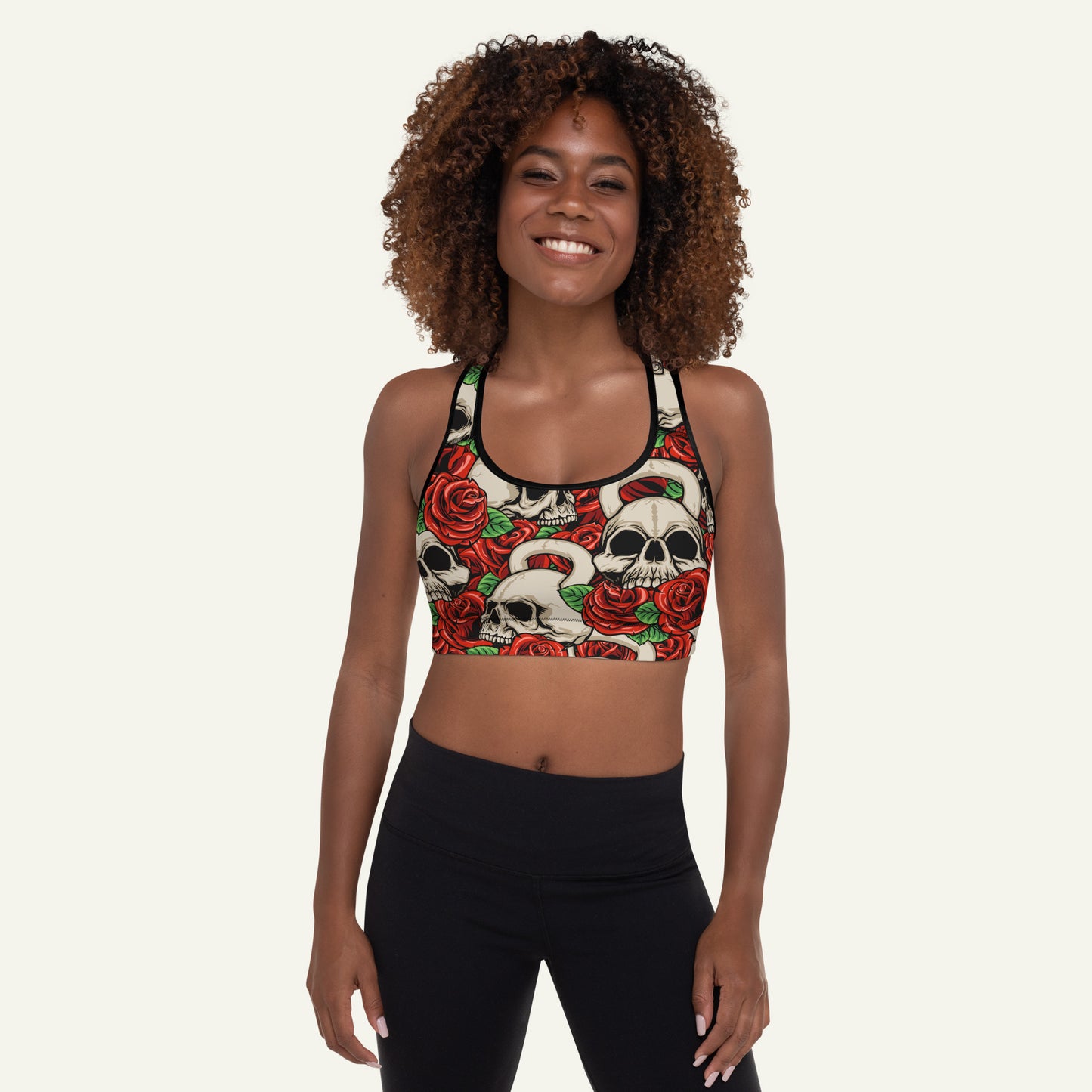 Kettlebell Skull And Roses Padded Sports Bra