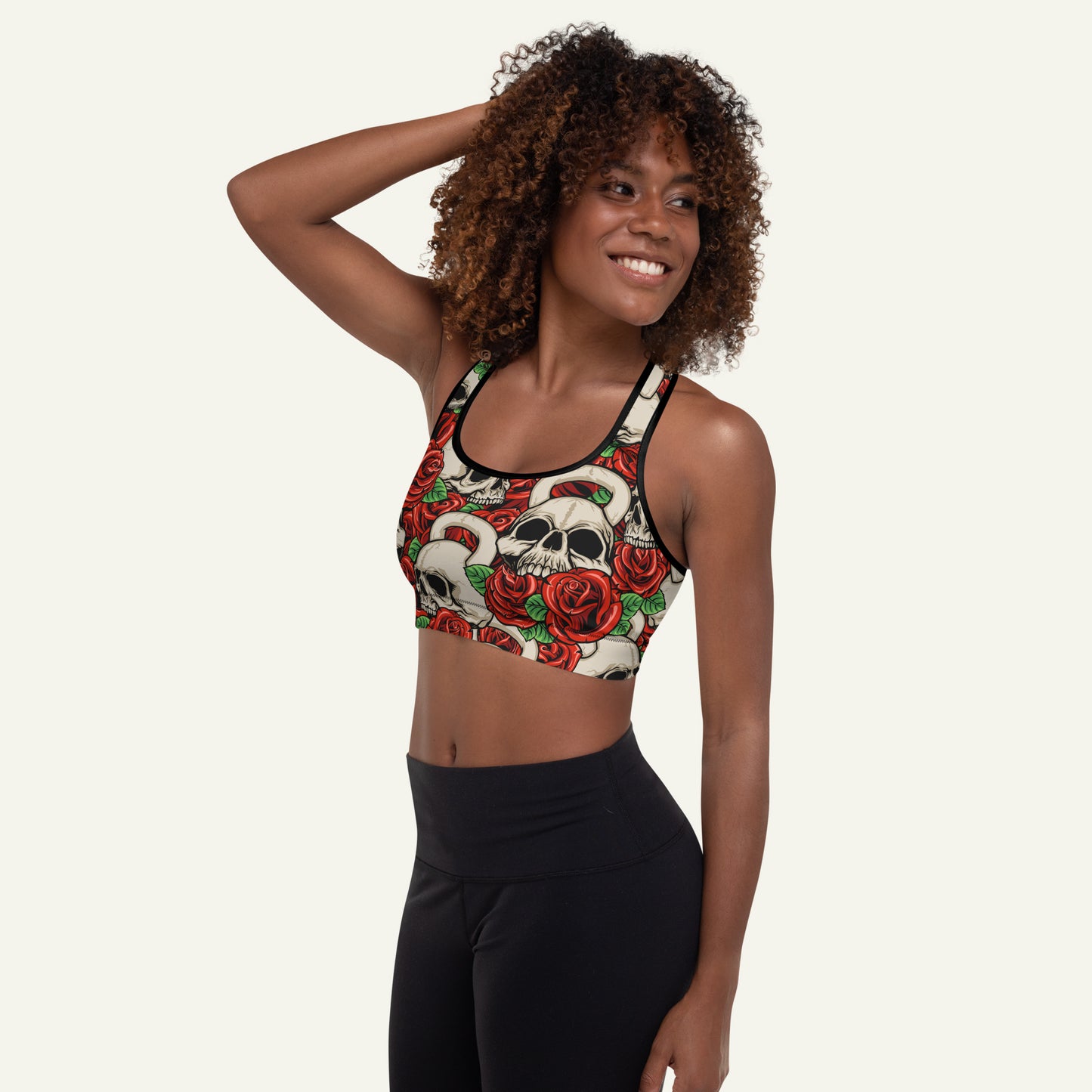 Kettlebell Skull And Roses Padded Sports Bra