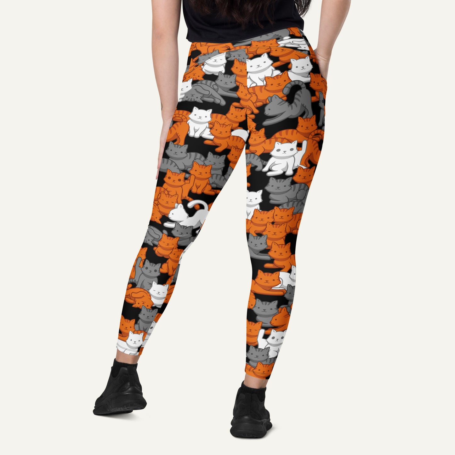 Orange Gray Tabby Camo Cat Crossover Pocket Leggings