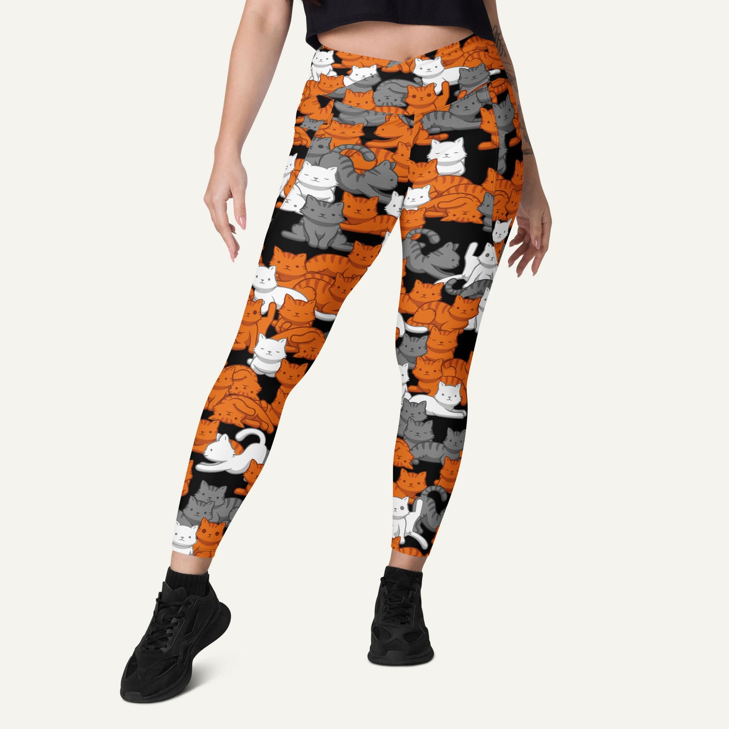 Orange Gray Tabby Camo Cat Crossover Pocket Leggings
