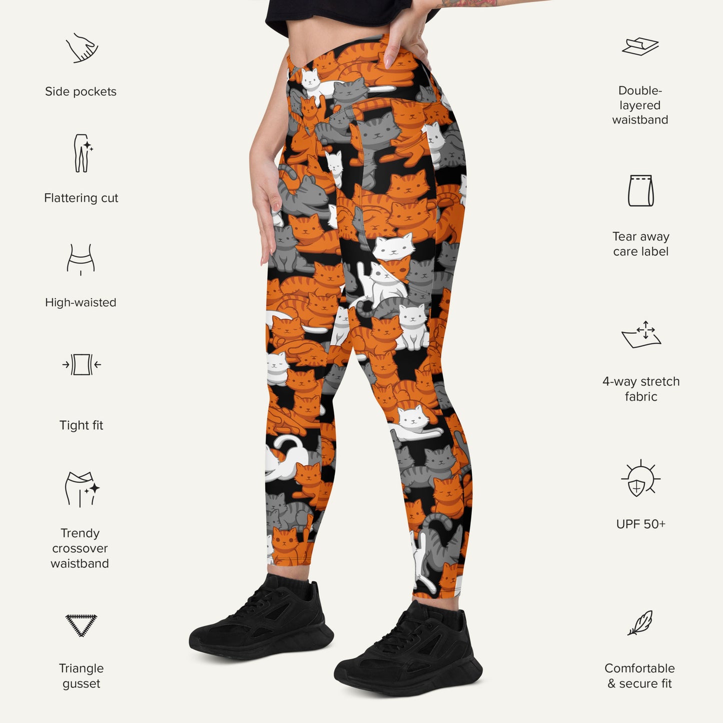 Orange Gray Tabby Camo Cat Crossover Pocket Leggings
