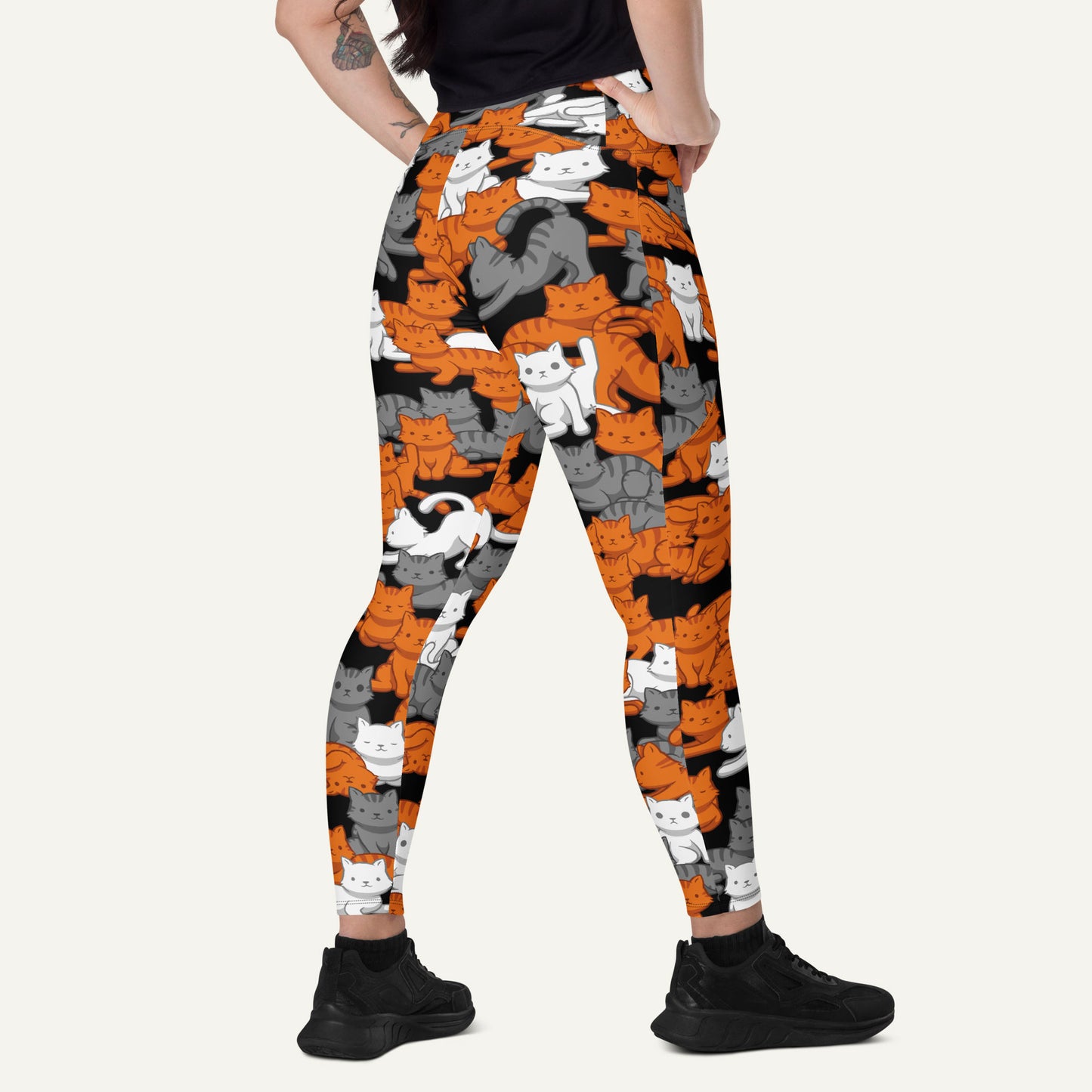 Orange Gray Tabby Camo Cat Crossover Pocket Leggings