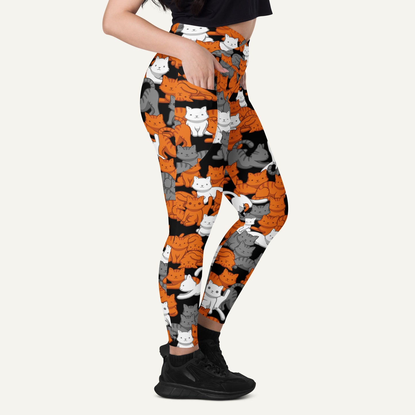 Orange Gray Tabby Camo Cat Crossover Pocket Leggings