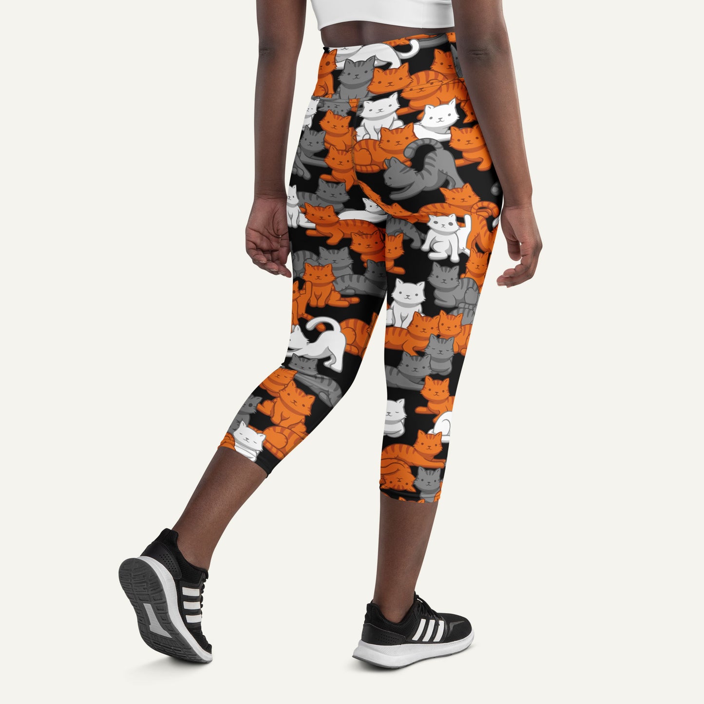 Orange Gray Tabby Camo Cat High-Waisted Capri Leggings