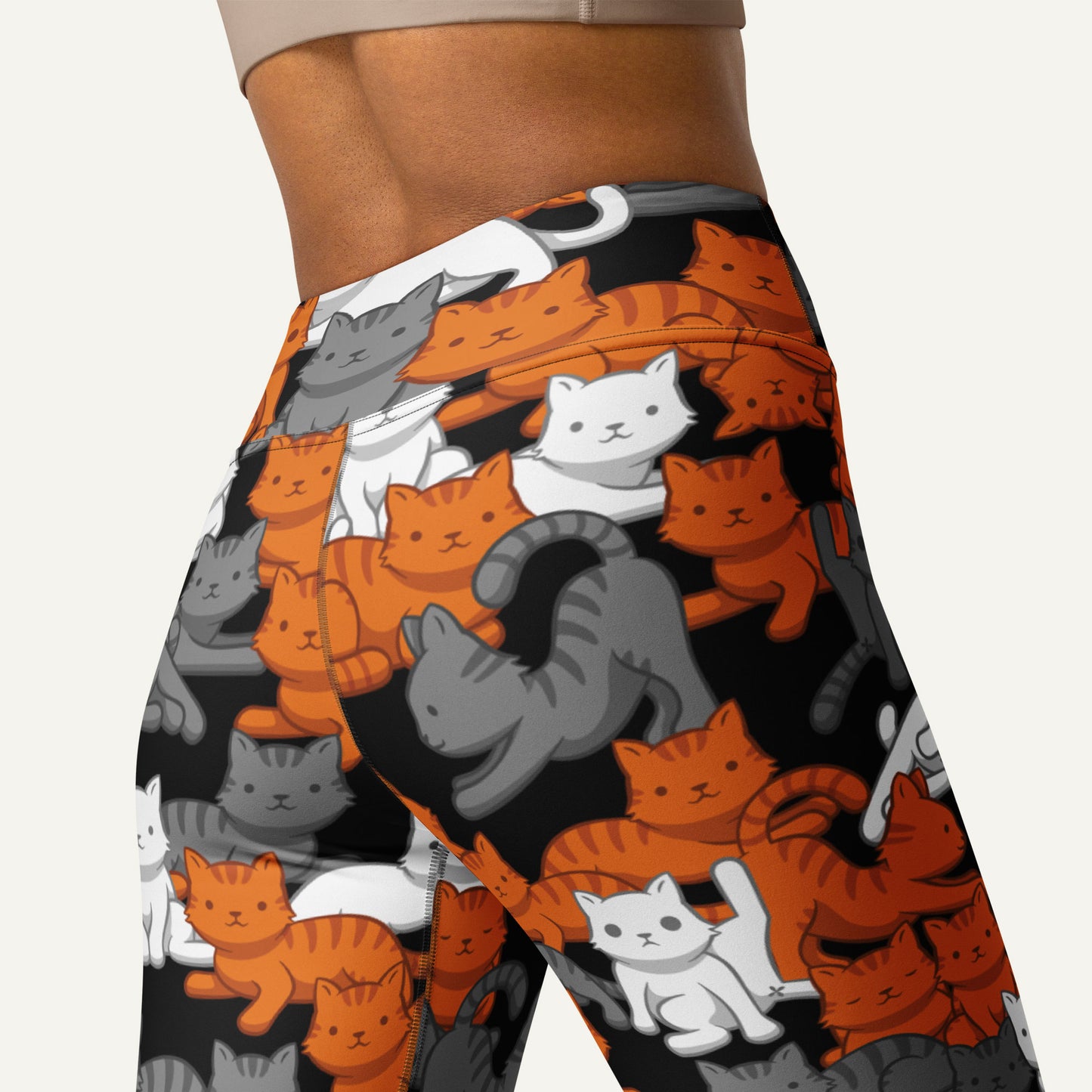 Orange Gray Tabby Camo Cat High-Waisted Leggings