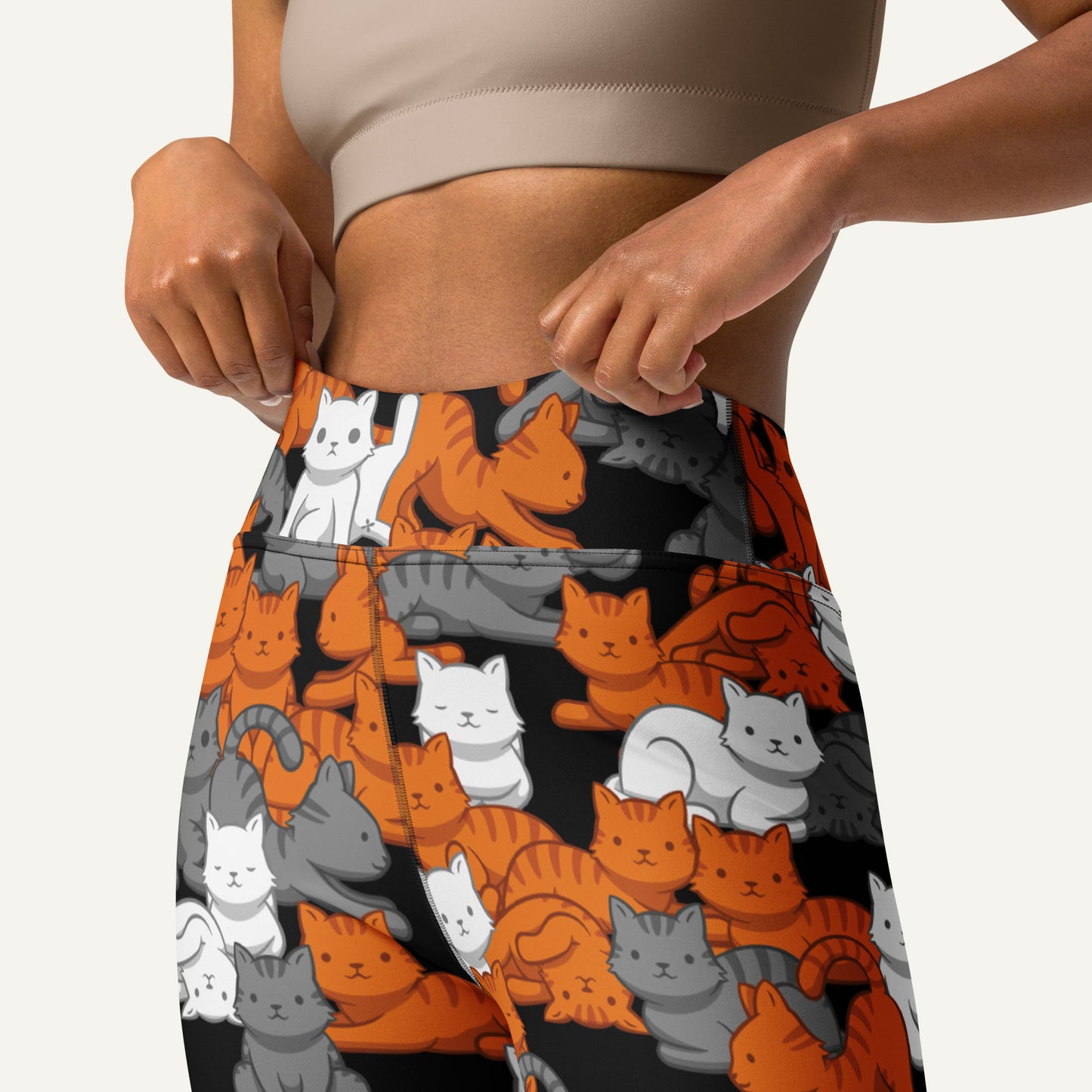 Orange Gray Tabby Camo Cat High-Waisted Leggings