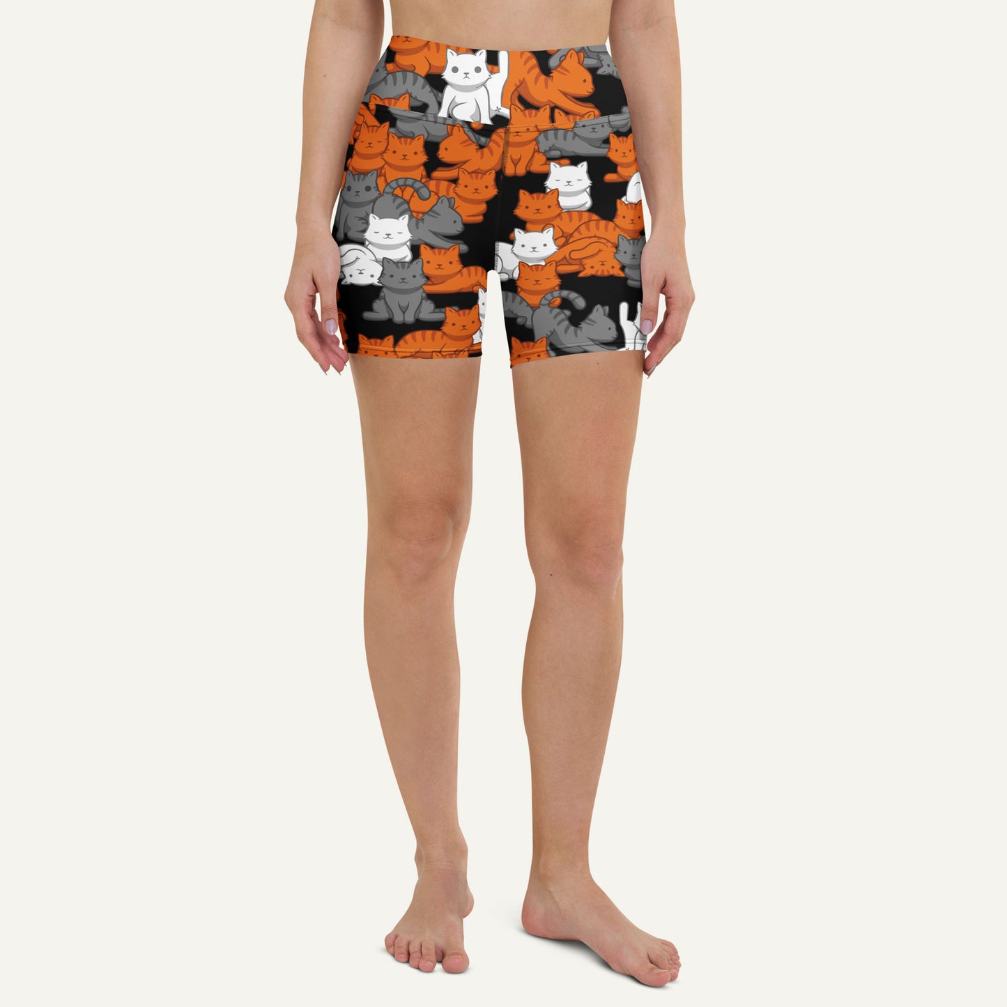 Orange Gray Tabby Camo Cat High-Waisted Shorts