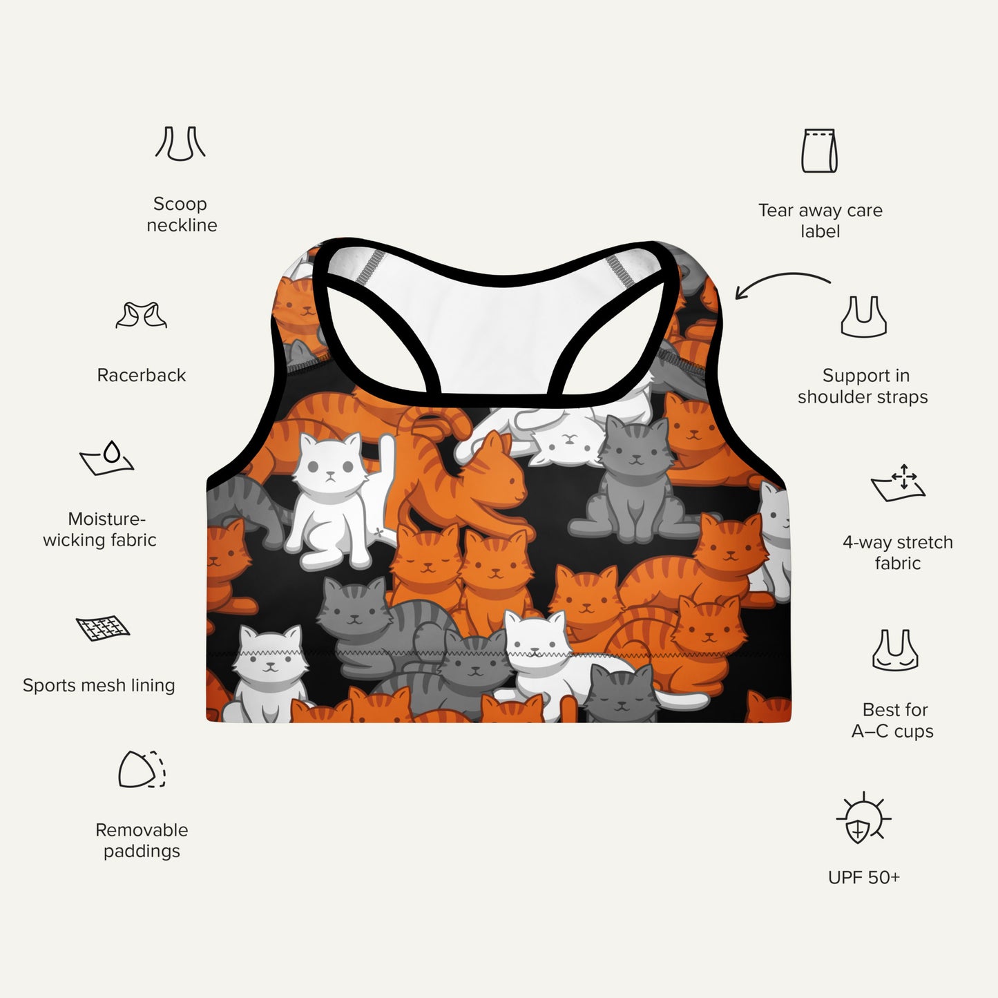Orange Gray Tabby Camo Cat Padded Sports Bra