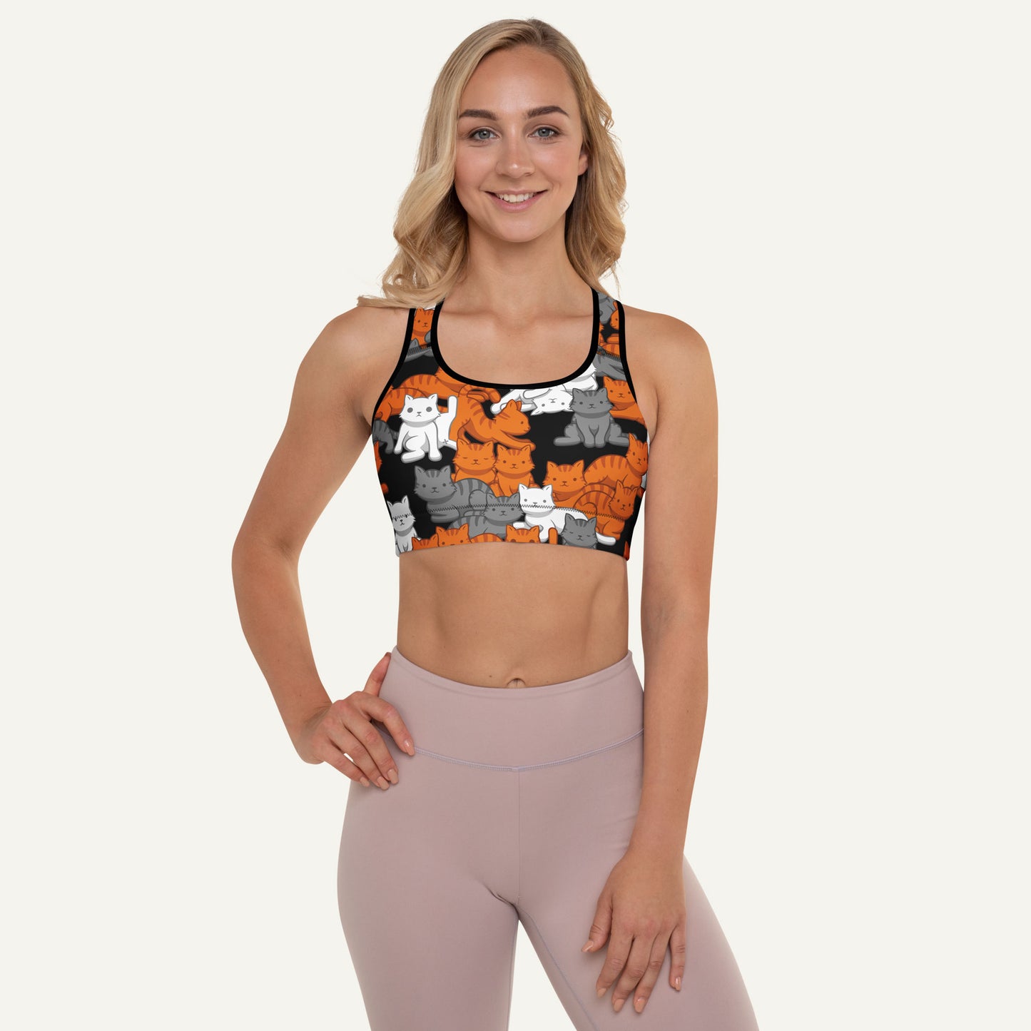 Orange Gray Tabby Camo Cat Padded Sports Bra