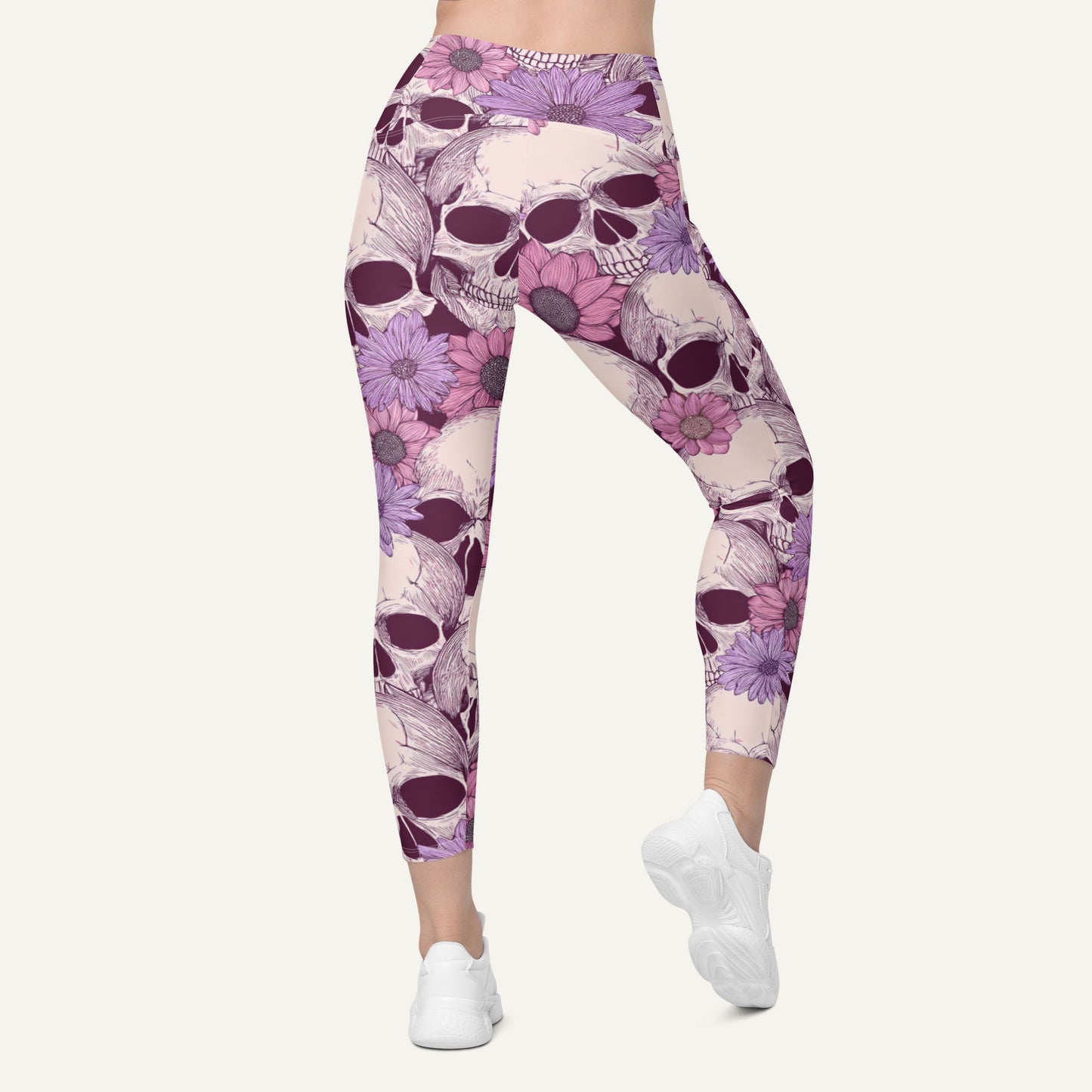 Pastel Floral Skulls Crossover Leggings With Pockets